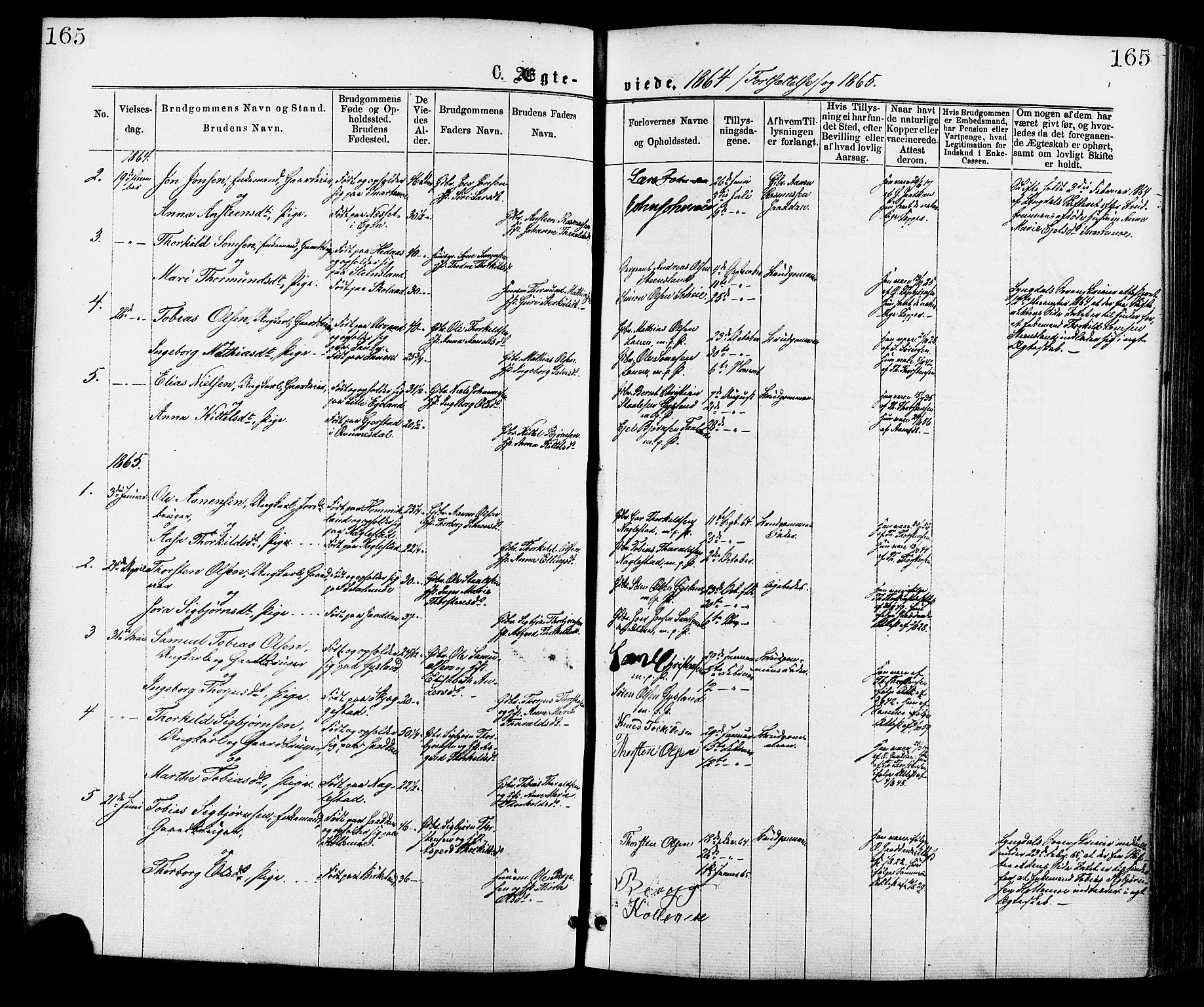 Hægebostad sokneprestkontor, SAK/1111-0024/F/Fa/Faa/L0005: Parish register (official) no. A 5, 1864-1886, p. 165