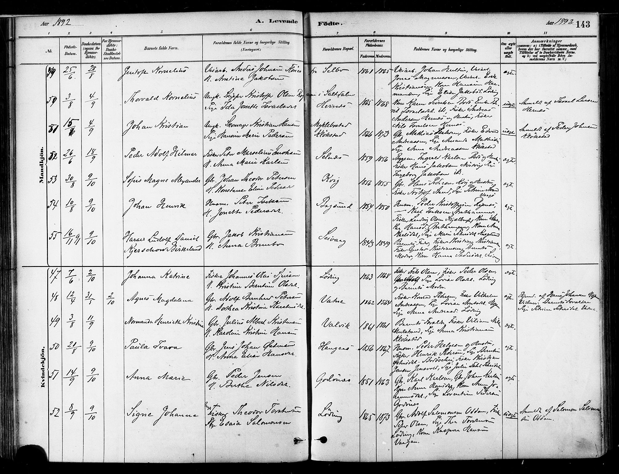 Ministerialprotokoller, klokkerbøker og fødselsregistre - Nordland, SAT/A-1459/802/L0054: Parish register (official) no. 802A01, 1879-1893, p. 143