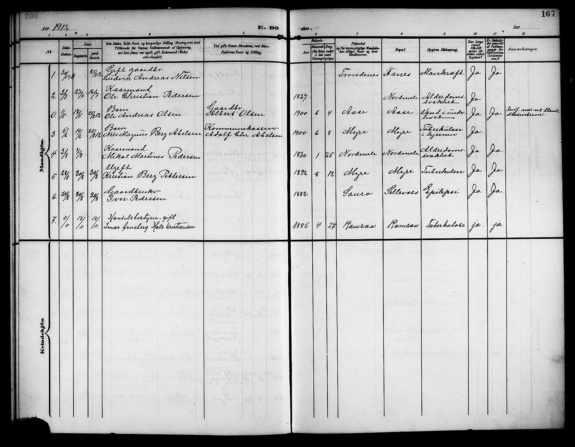 Ministerialprotokoller, klokkerbøker og fødselsregistre - Nordland, AV/SAT-A-1459/897/L1414: Parish register (copy) no. 897C04, 1904-1915, p. 167