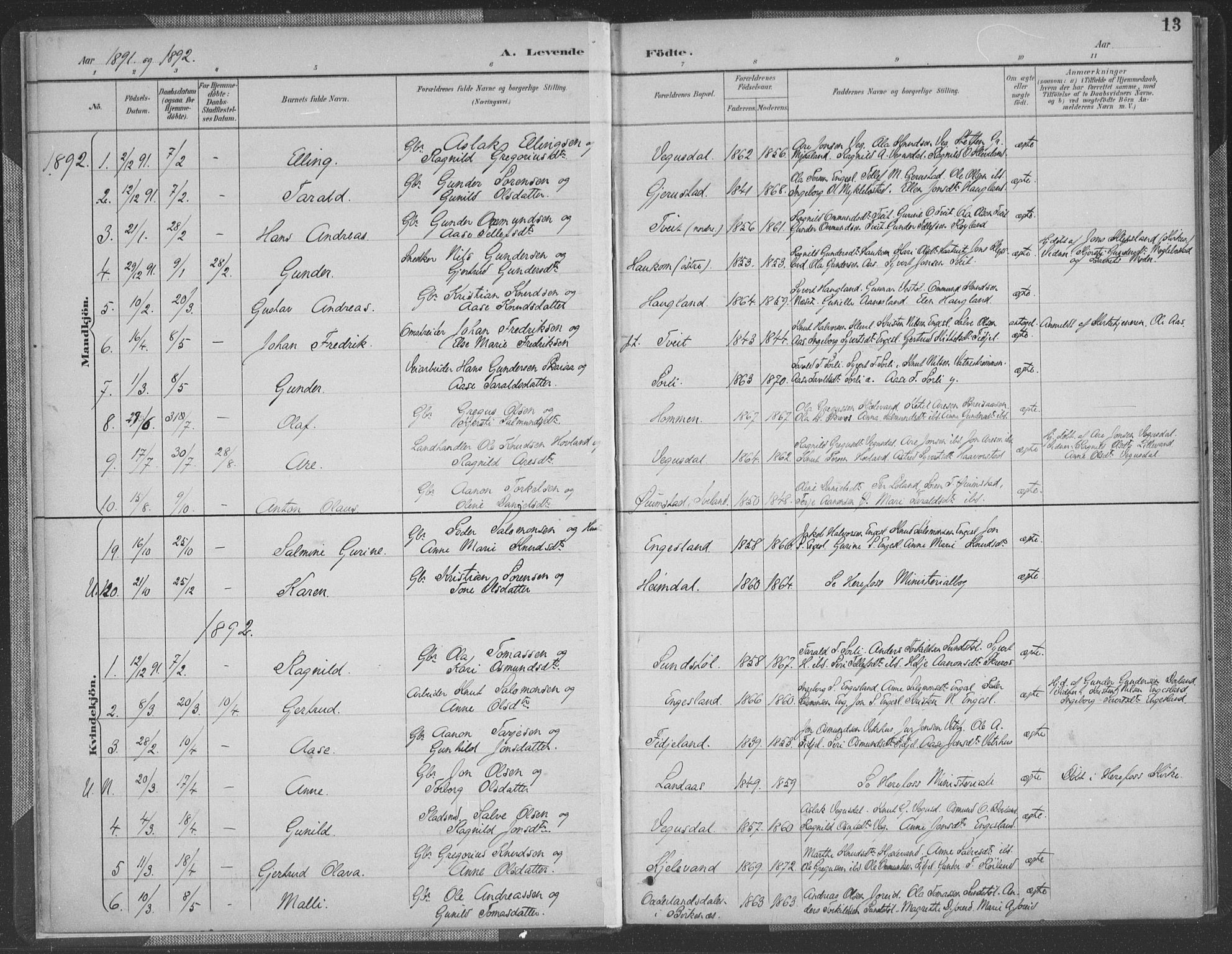 Herefoss sokneprestkontor, AV/SAK-1111-0019/F/Fa/Fab/L0004: Parish register (official) no. A 4, 1887-1909, p. 13