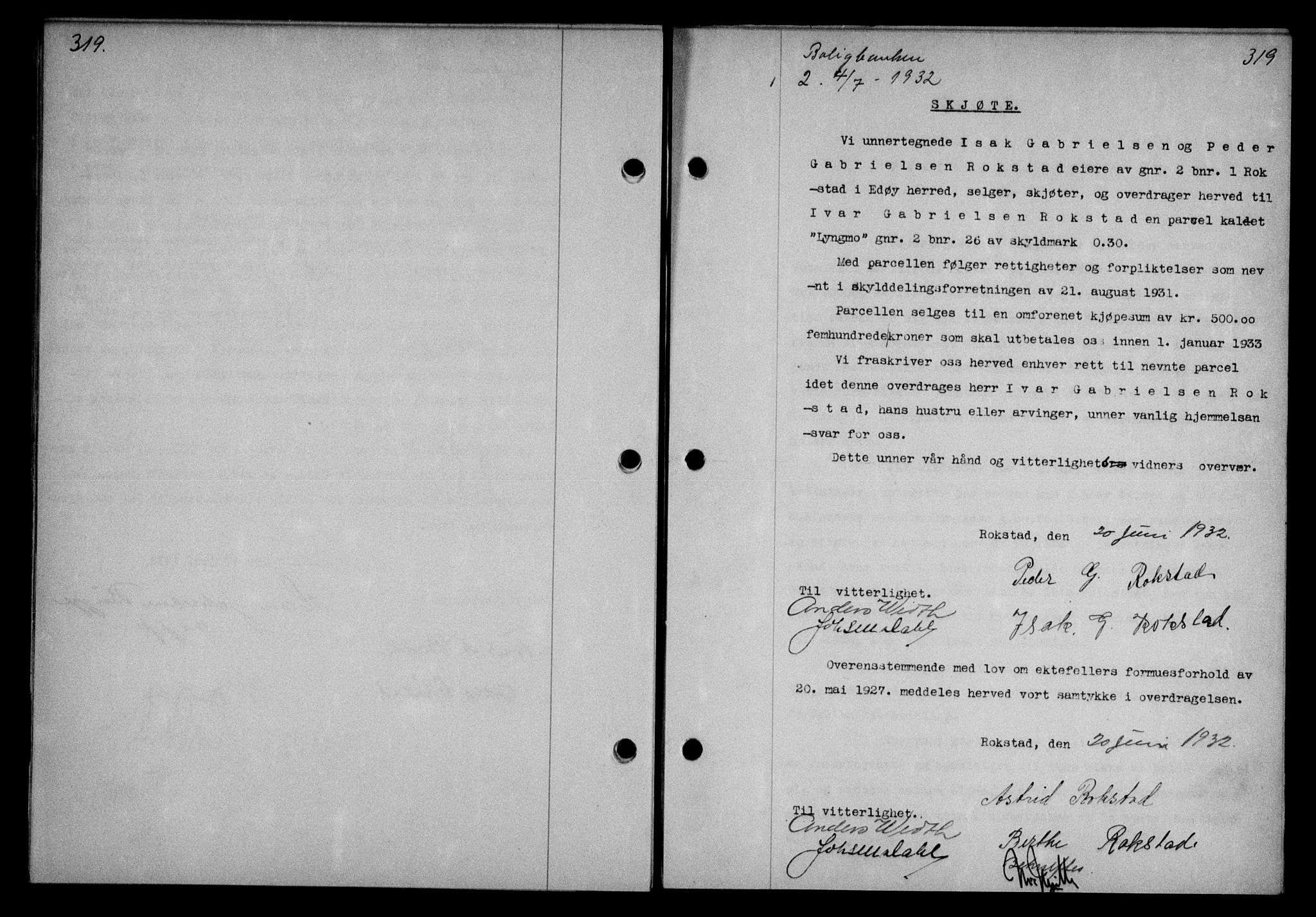 Nordmøre sorenskriveri, AV/SAT-A-4132/1/2/2Ca/L0075: Mortgage book no. 65, 1932-1932, Deed date: 04.07.1932