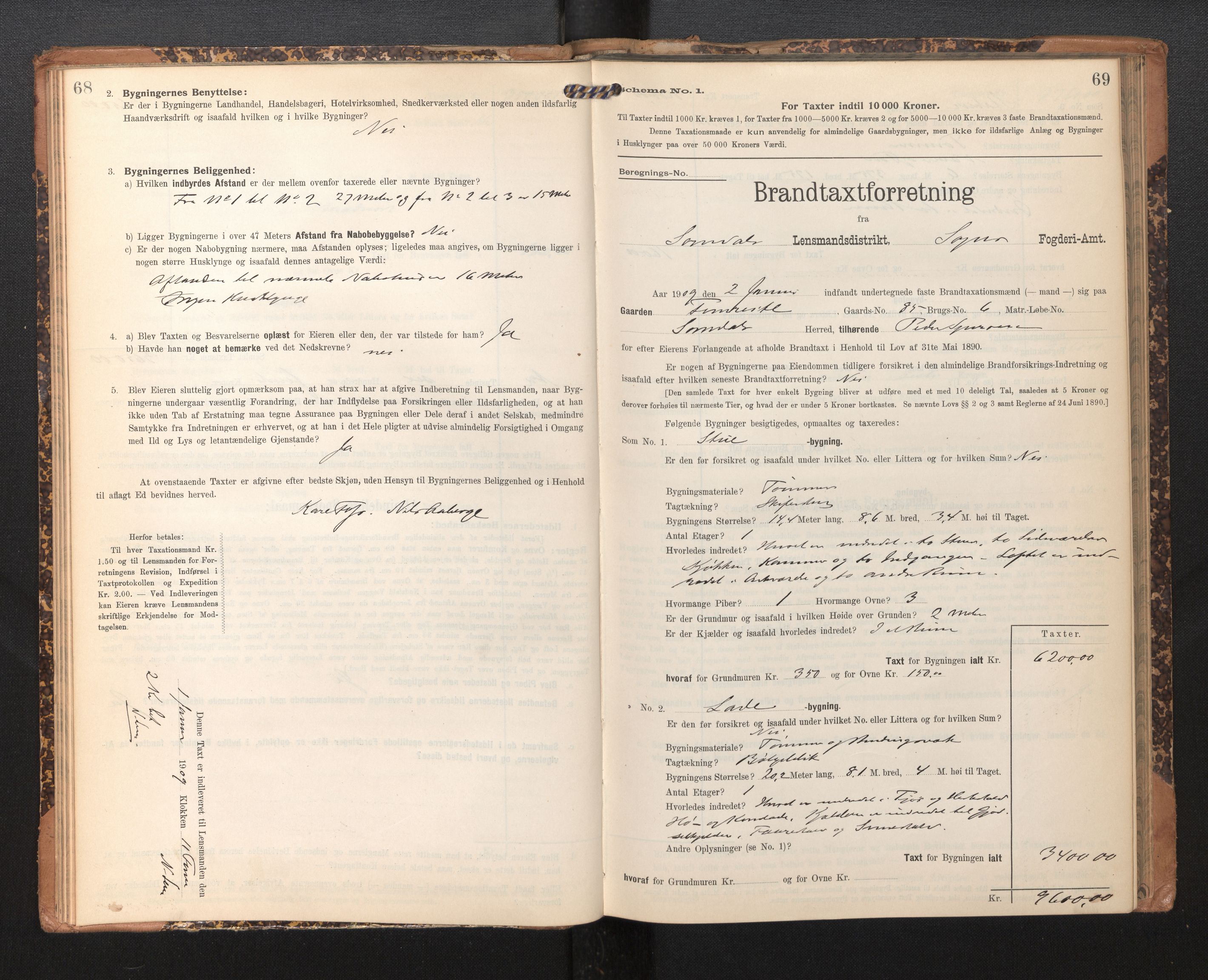 Lensmannen i Sogndal, SAB/A-29901/0012/L0010: Branntakstprotokoll, skjematakst, 1907-1914, p. 68-69