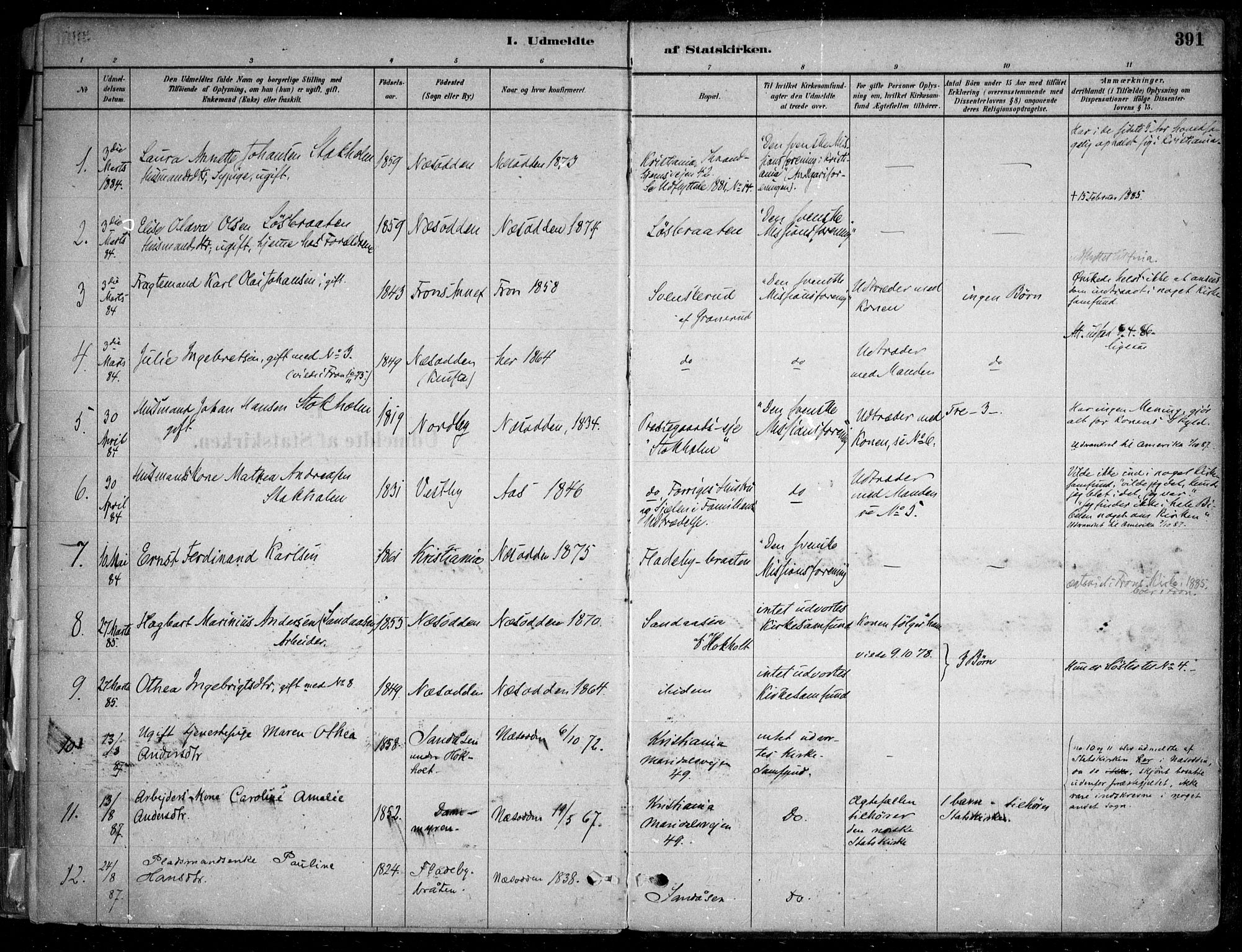 Nesodden prestekontor Kirkebøker, SAO/A-10013/F/Fa/L0009: Parish register (official) no. I 9, 1880-1915, p. 391