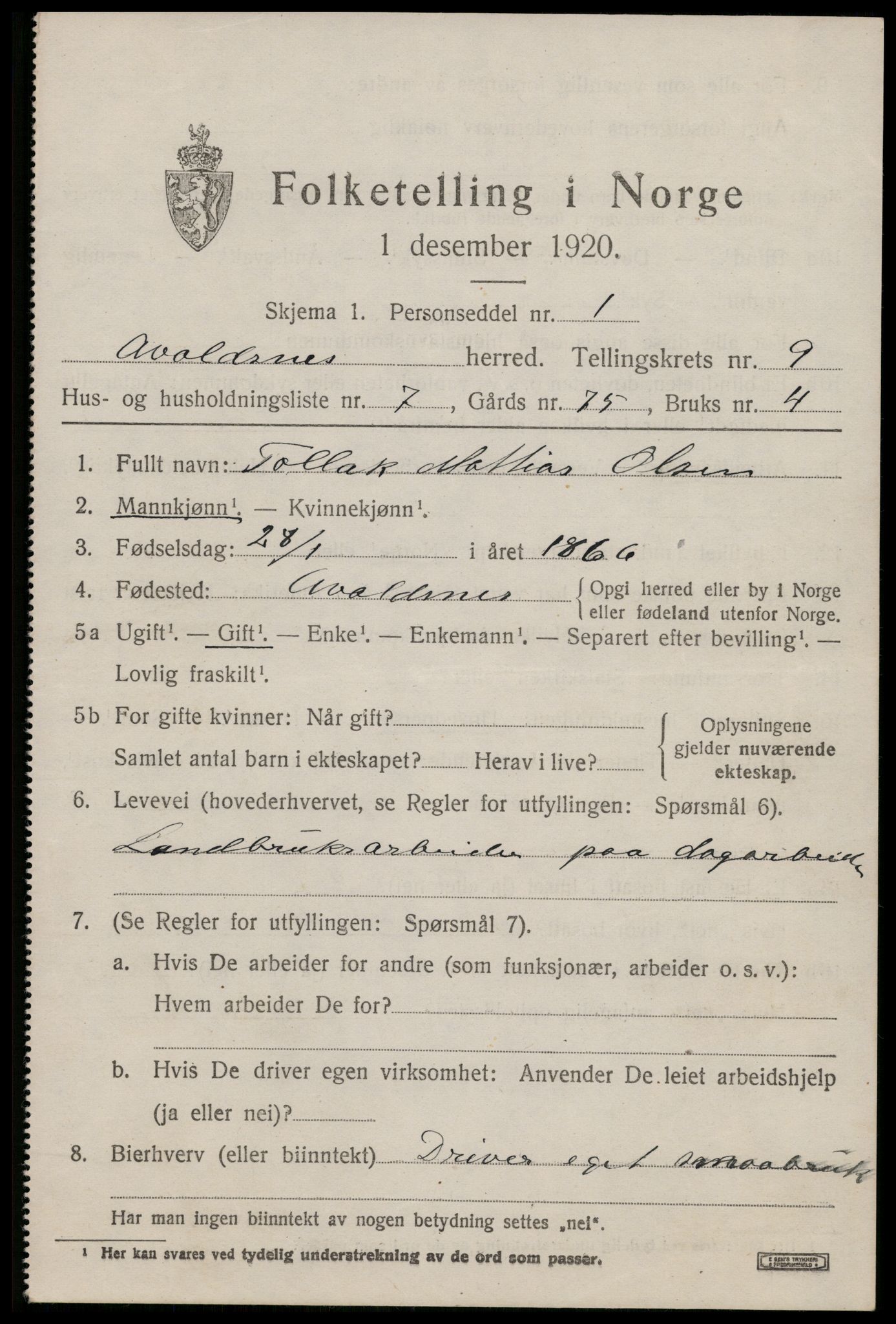 SAST, 1920 census for Avaldsnes, 1920, p. 7117