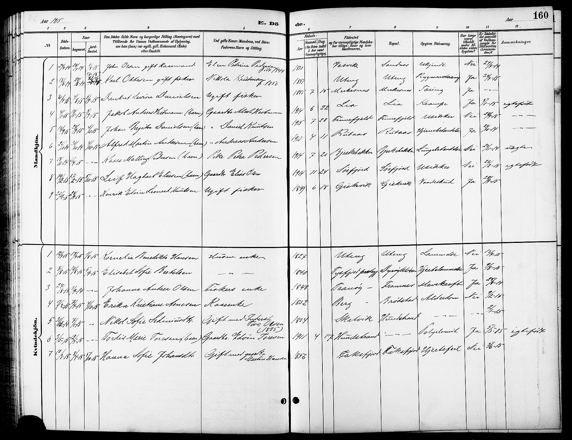 Tranøy sokneprestkontor, SATØ/S-1313/I/Ia/Iab/L0014klokker: Parish register (copy) no. 14, 1896-1918, p. 160