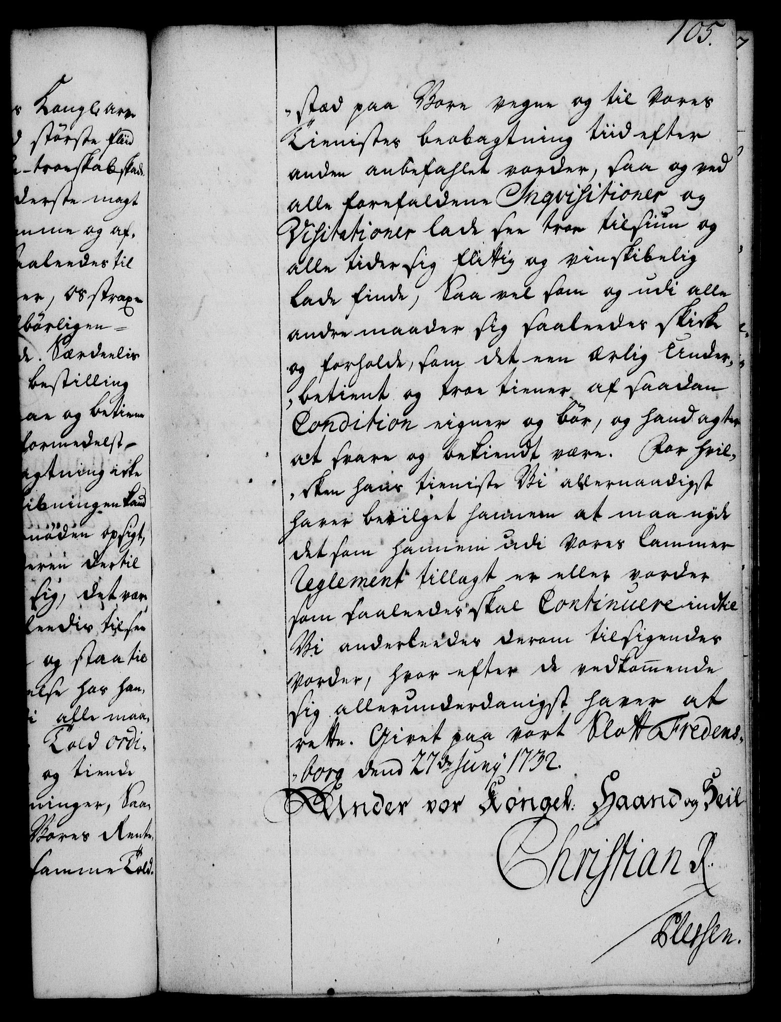 Rentekammeret, Kammerkanselliet, RA/EA-3111/G/Gg/Gge/L0002: Norsk bestallingsprotokoll med register (merket RK 53.26), 1730-1744, p. 105