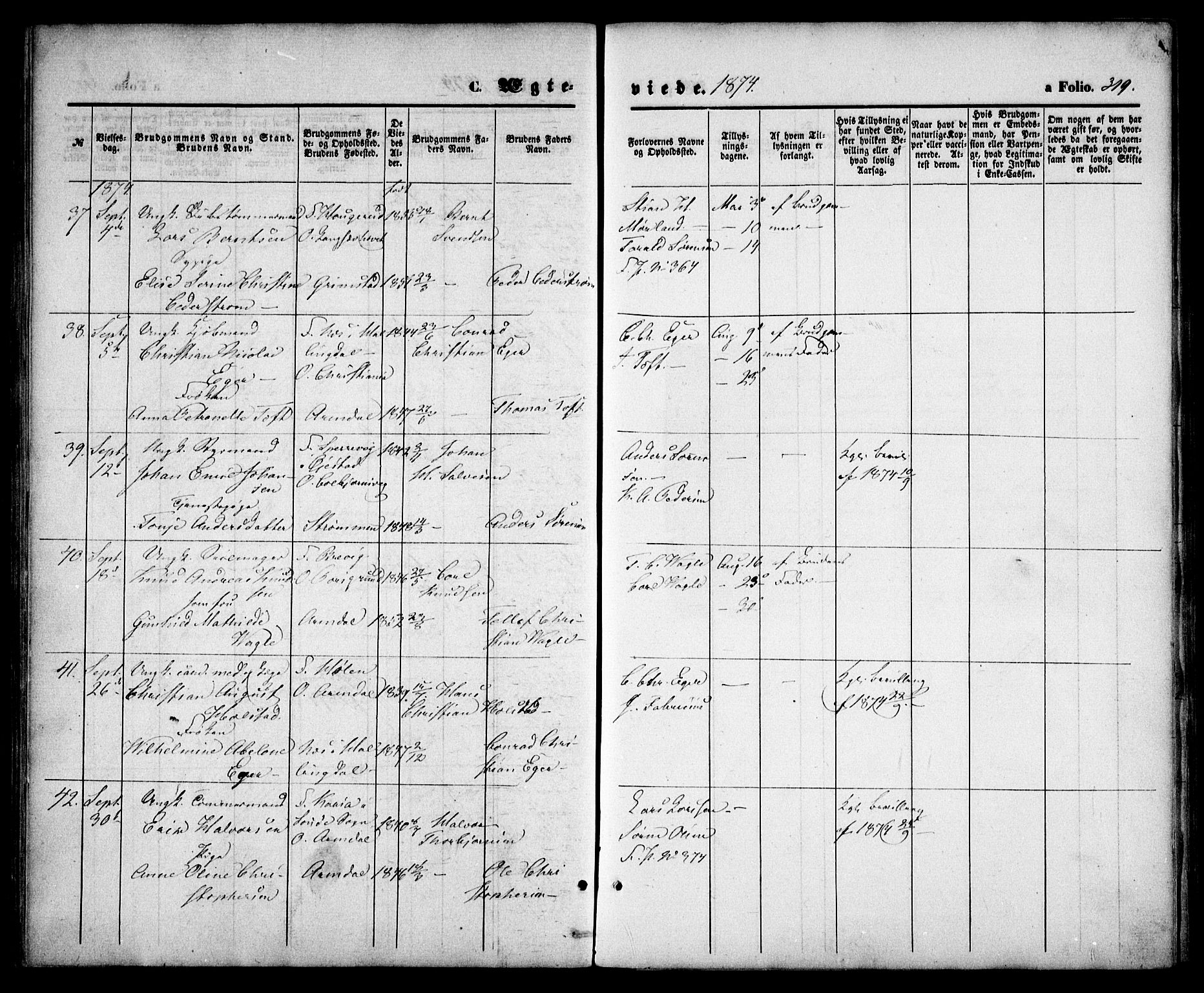 Arendal sokneprestkontor, Trefoldighet, SAK/1111-0040/F/Fa/L0007: Parish register (official) no. A 7, 1868-1878, p. 319