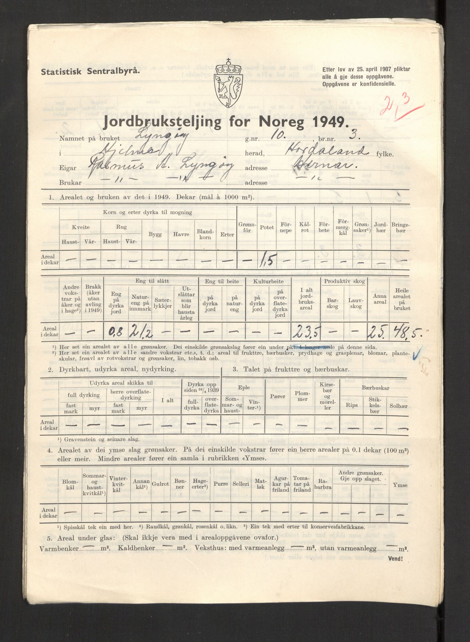 Statistisk sentralbyrå, Næringsøkonomiske emner, Jordbruk, skogbruk, jakt, fiske og fangst, AV/RA-S-2234/G/Gc/L0276: Hordaland: Herdla og Hjelme, 1949, p. 1306