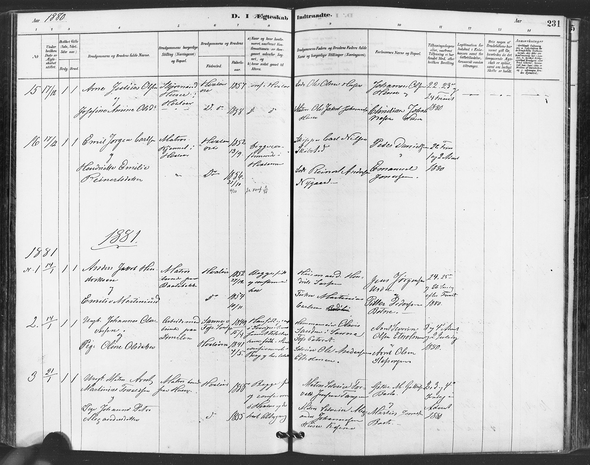 Hvaler prestekontor Kirkebøker, AV/SAO-A-2001/F/Fa/L0008: Parish register (official) no. I 8, 1878-1895, p. 231