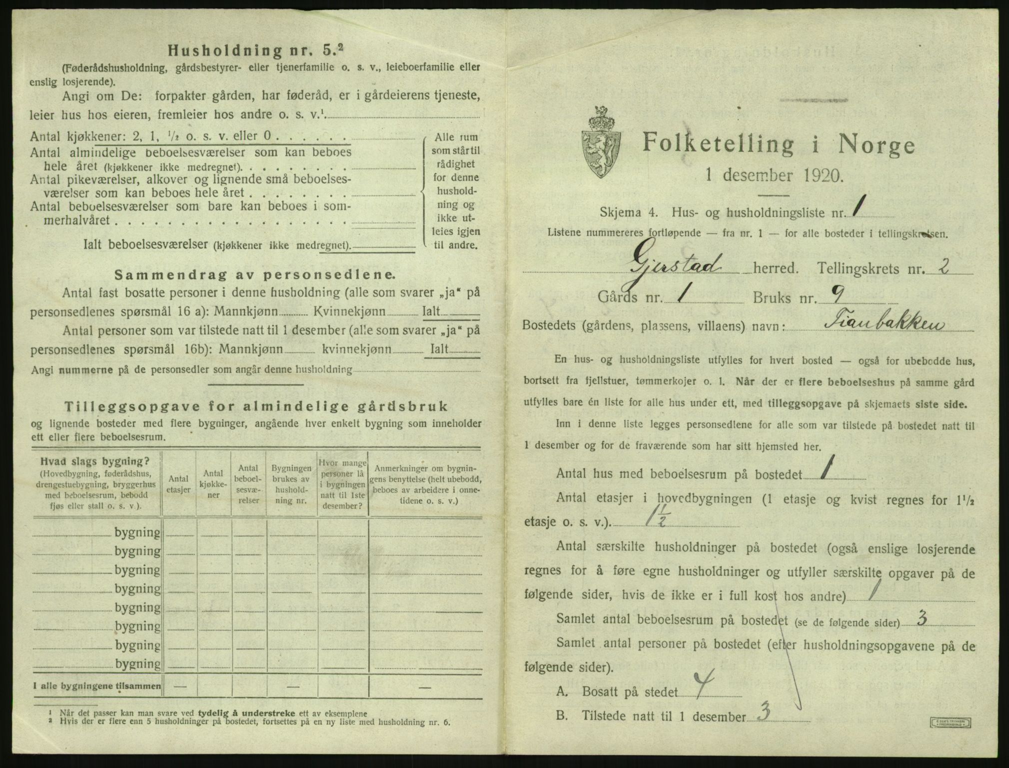 SAK, 1920 census for Gjerstad, 1920, p. 105