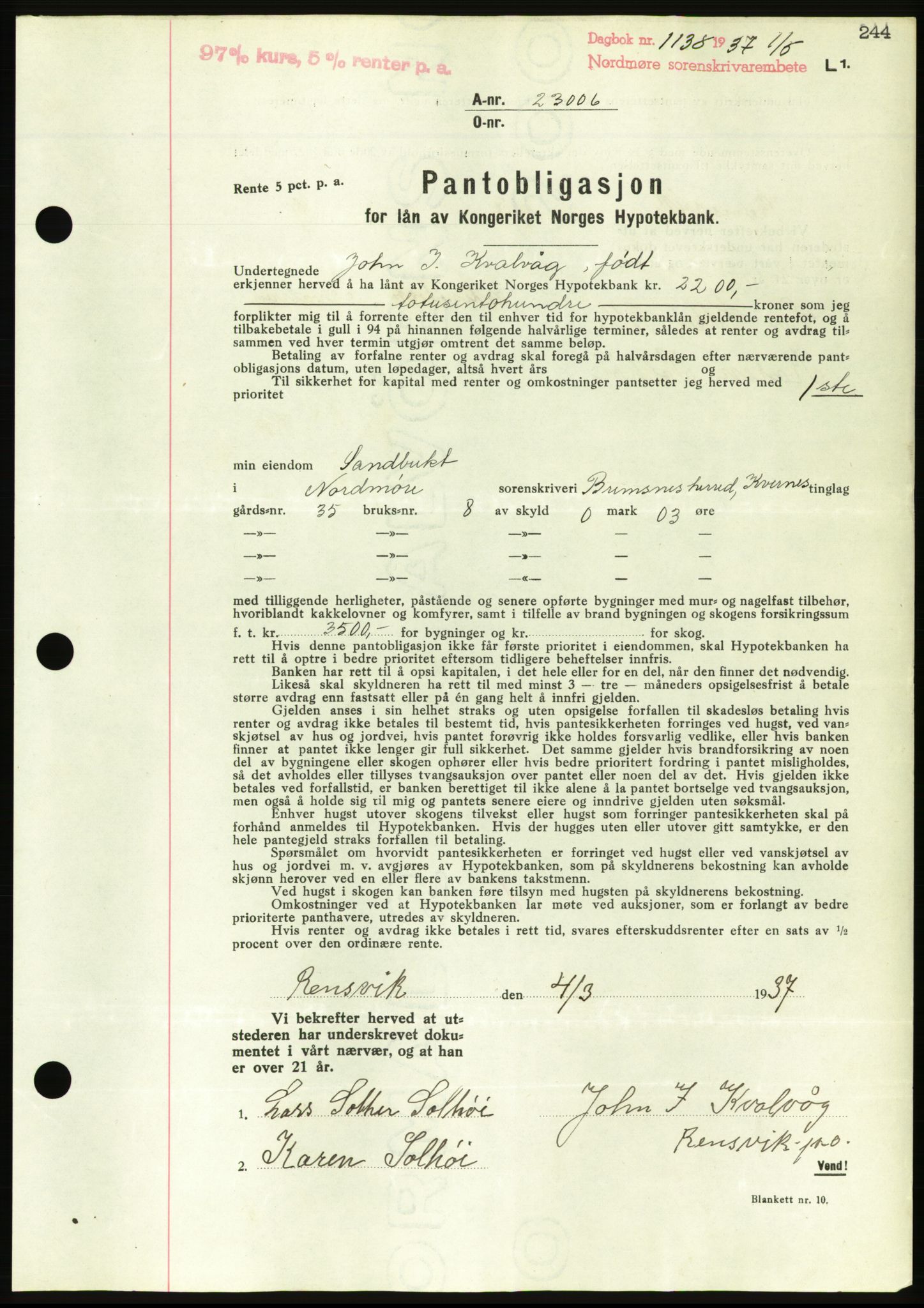 Nordmøre sorenskriveri, AV/SAT-A-4132/1/2/2Ca/L0091: Mortgage book no. B81, 1937-1937, Diary no: : 1138/1937