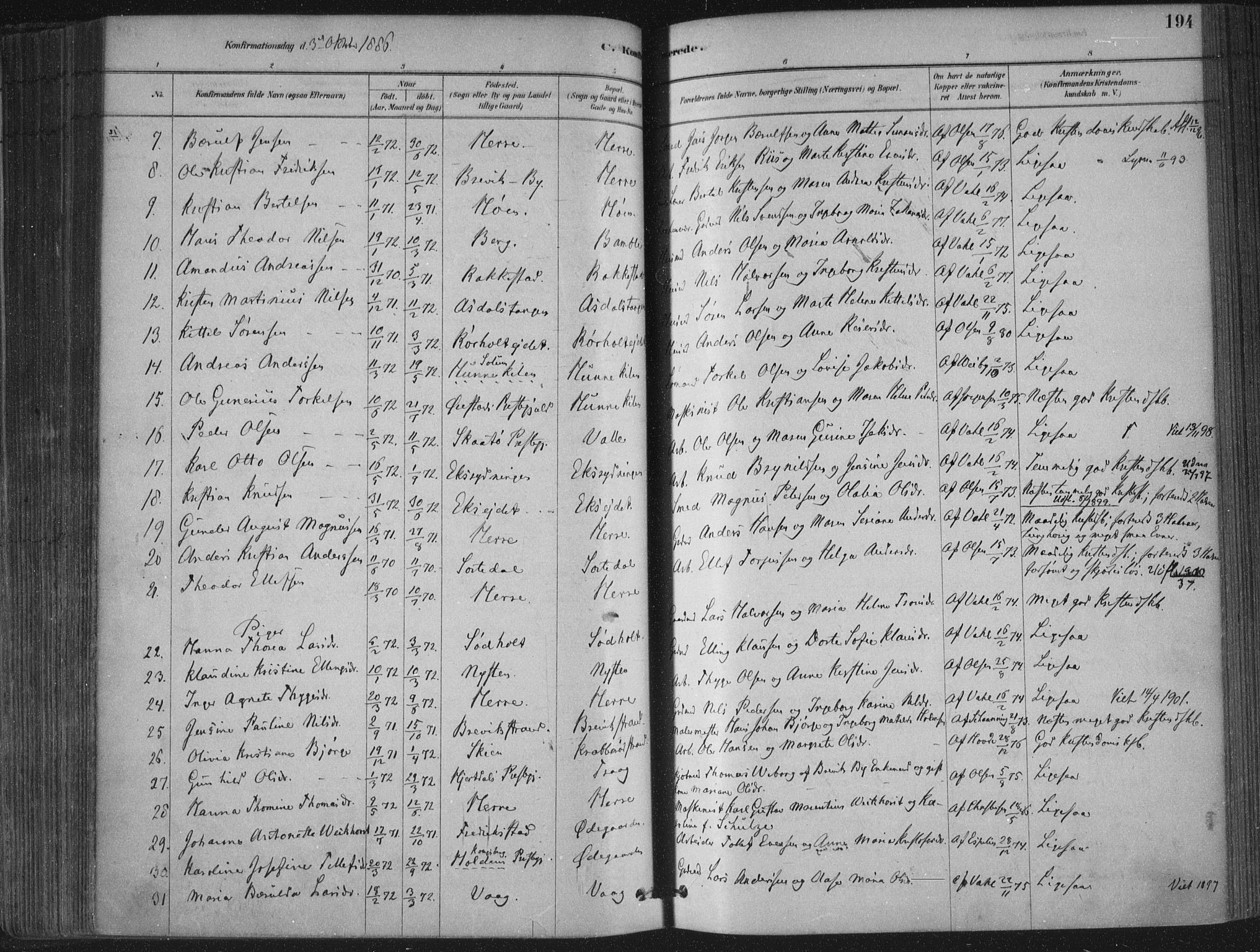 Bamble kirkebøker, SAKO/A-253/F/Fa/L0007: Parish register (official) no. I 7, 1878-1888, p. 194
