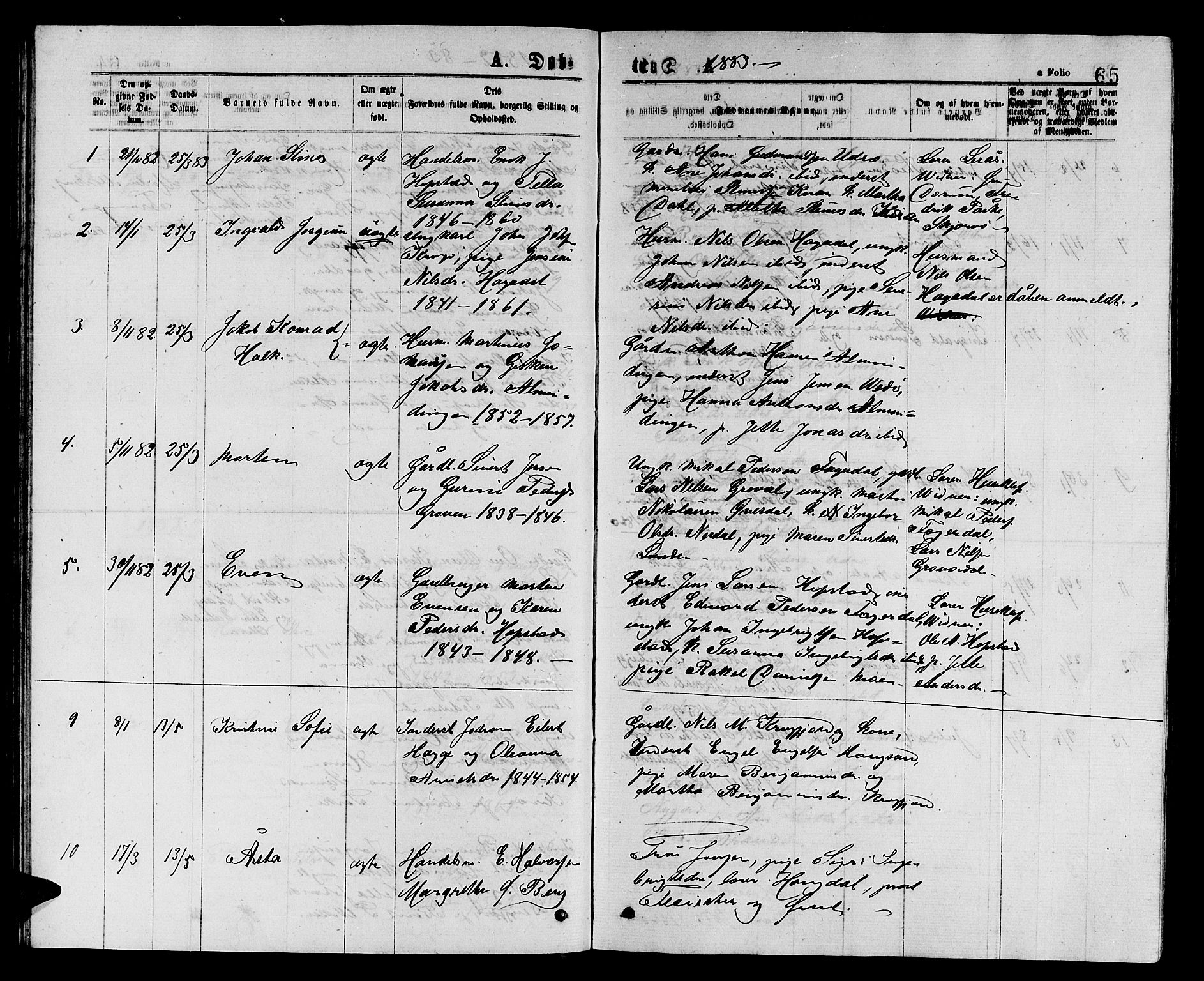 Ministerialprotokoller, klokkerbøker og fødselsregistre - Sør-Trøndelag, SAT/A-1456/657/L0715: Parish register (copy) no. 657C02, 1873-1888, p. 65