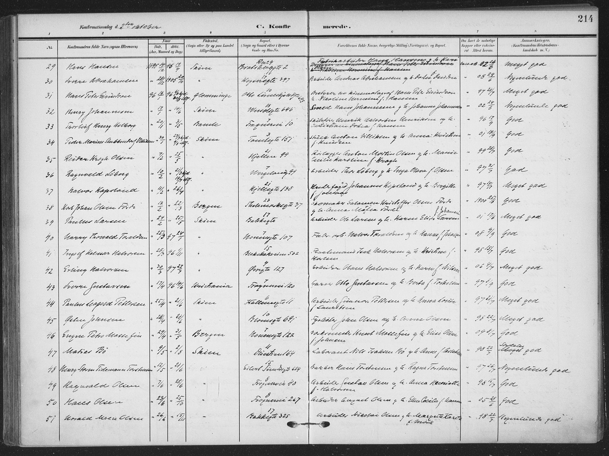 Skien kirkebøker, AV/SAKO-A-302/F/Fa/L0012: Parish register (official) no. 12, 1908-1914, p. 214