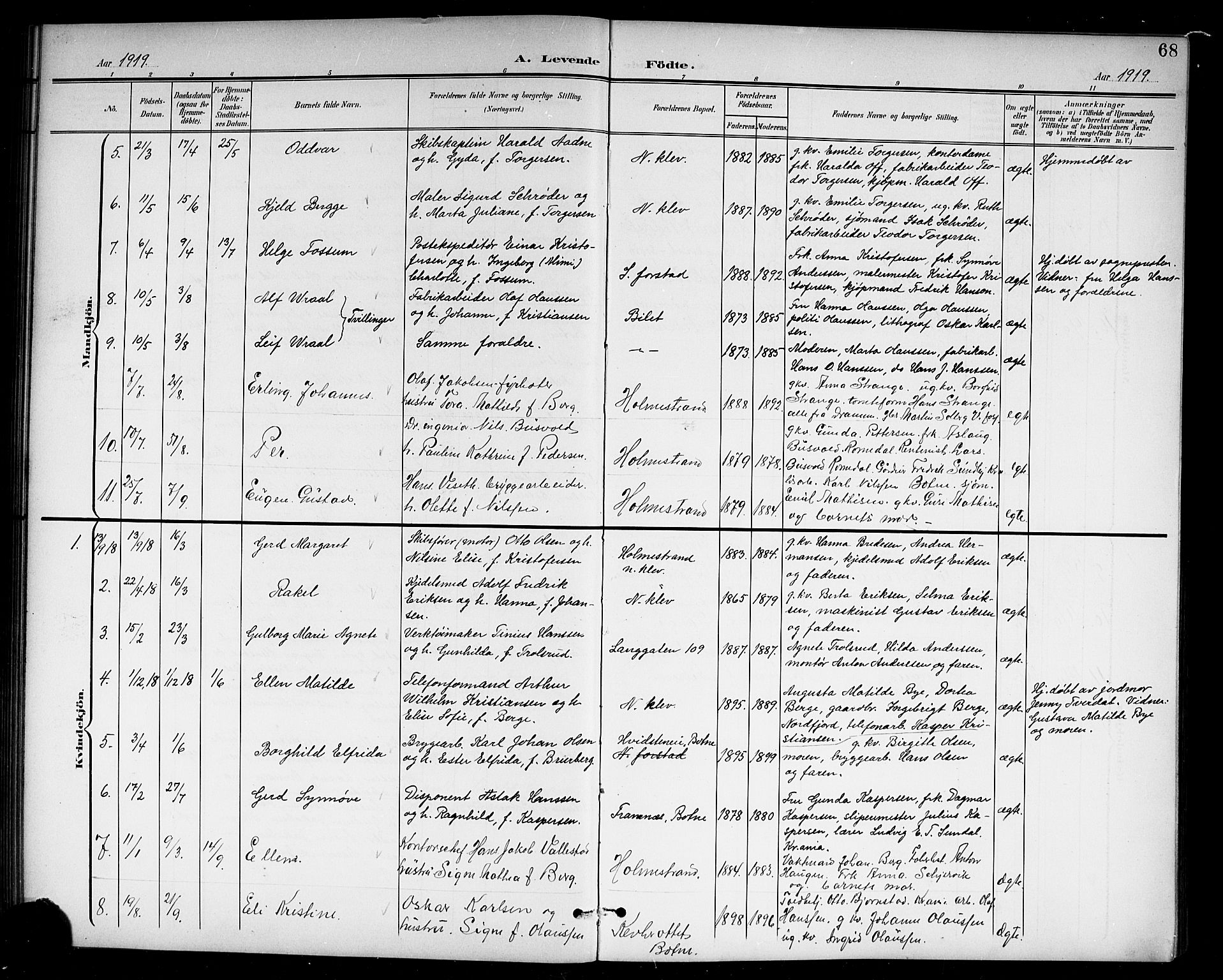 Holmestrand kirkebøker, AV/SAKO-A-346/G/Ga/L0006: Parish register (copy) no. 6, 1901-1923, p. 68