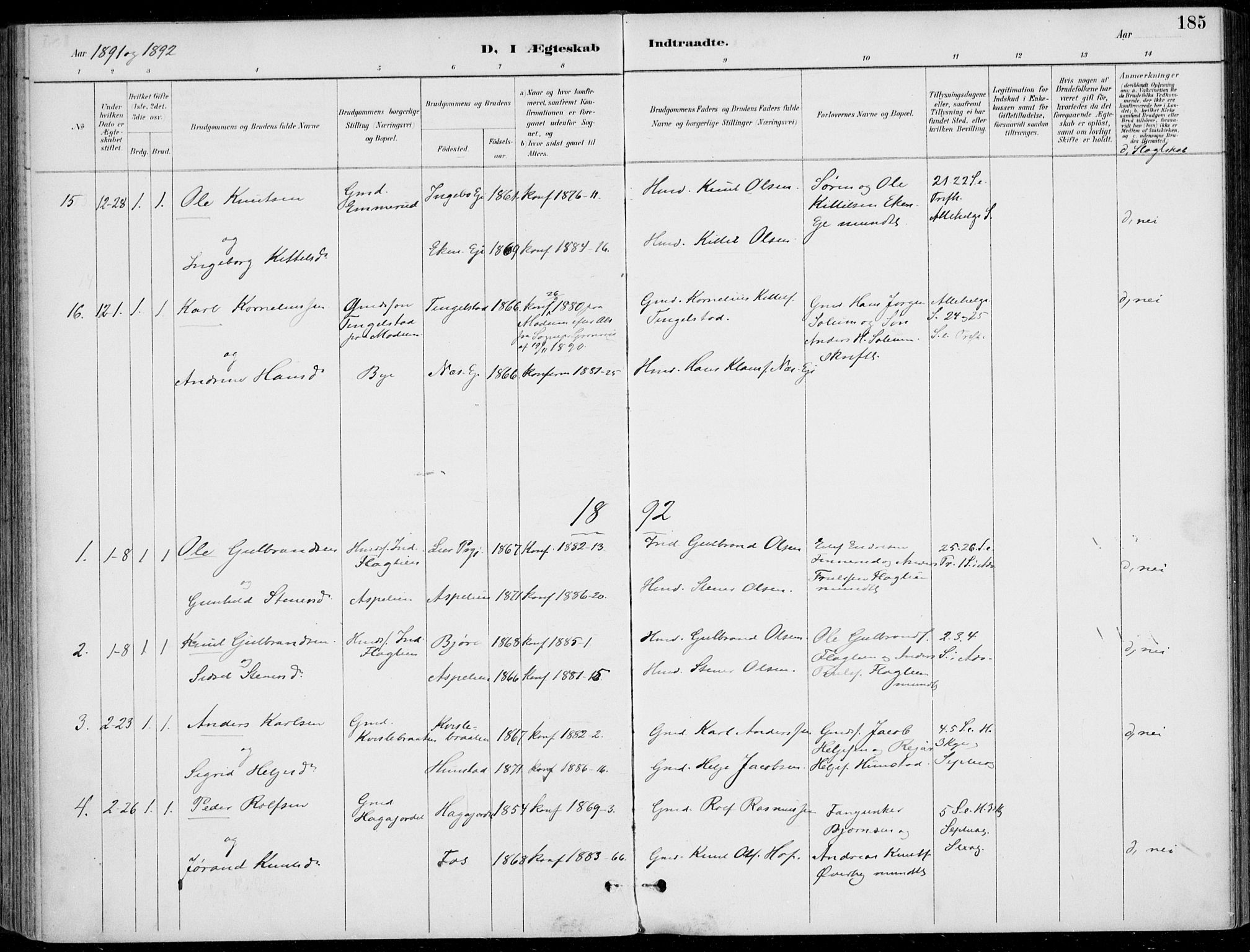 Sigdal kirkebøker, SAKO/A-245/F/Fb/L0001: Parish register (official) no. II 1, 1888-1900, p. 185