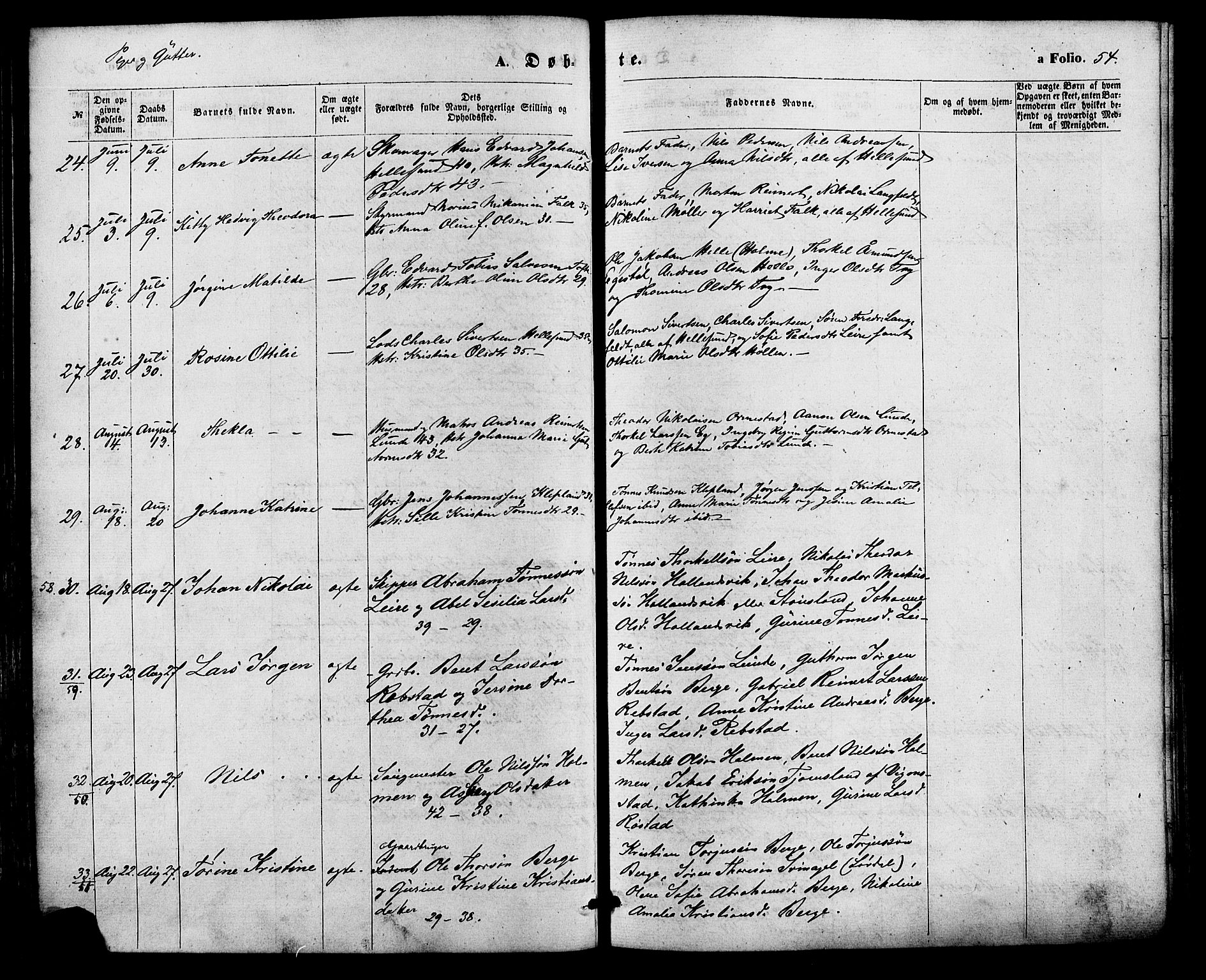 Søgne sokneprestkontor, AV/SAK-1111-0037/F/Fa/Fab/L0011: Parish register (official) no. A 11, 1869-1879, p. 54