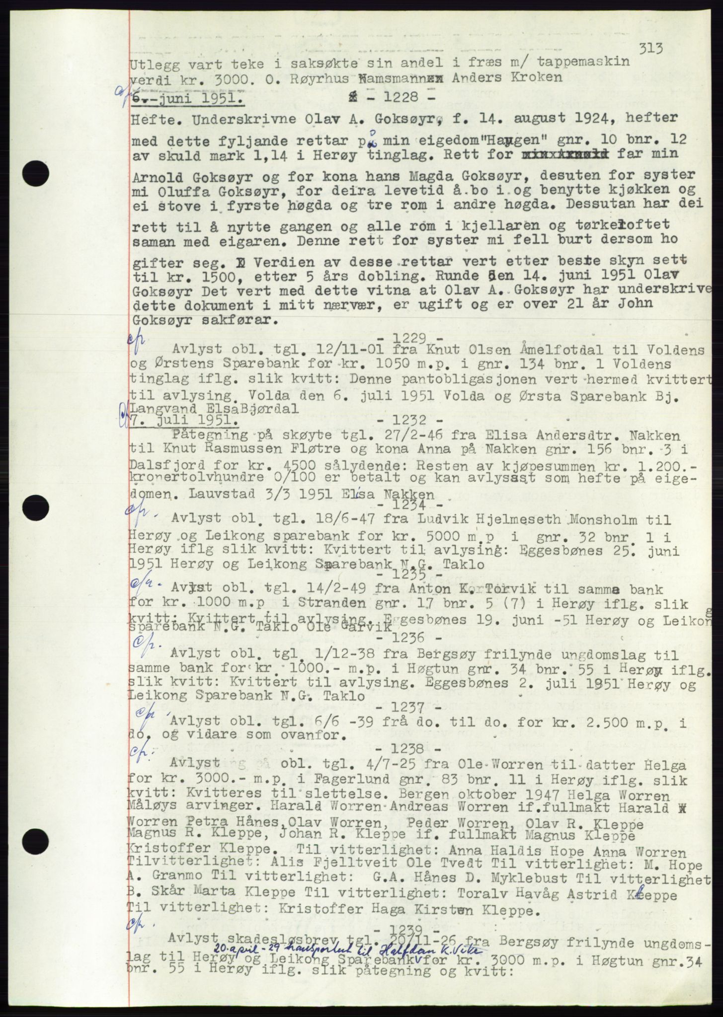 Søre Sunnmøre sorenskriveri, AV/SAT-A-4122/1/2/2C/L0072: Mortgage book no. 66, 1941-1955, Diary no: : 1228/1951