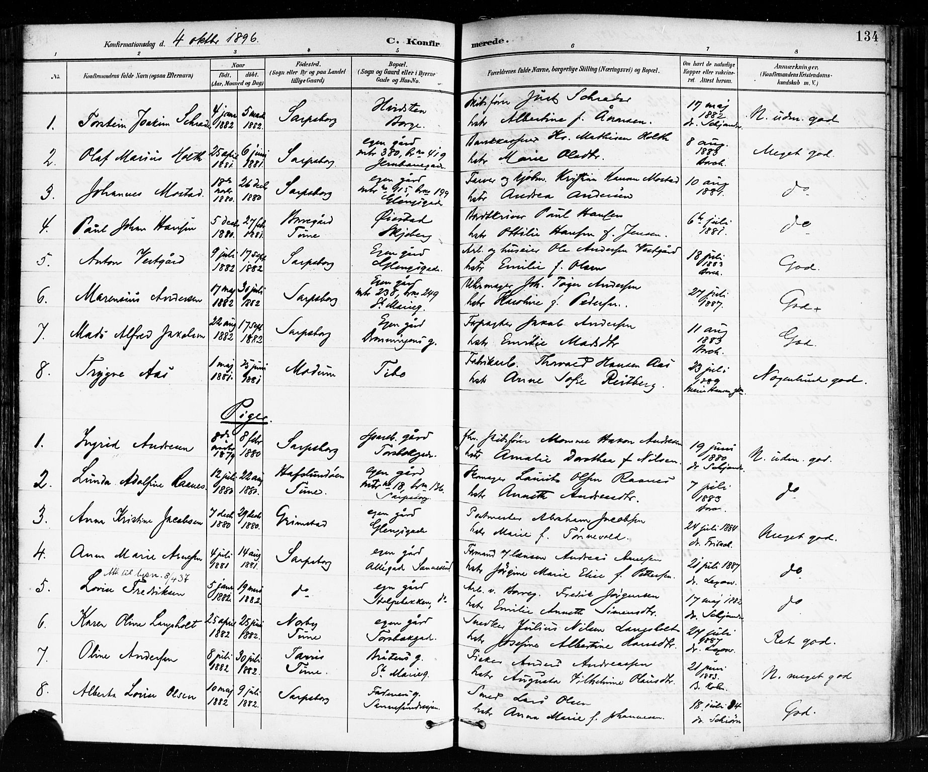 Sarpsborg prestekontor Kirkebøker, AV/SAO-A-2006/F/Fa/L0004: Parish register (official) no. 4, 1892-1899, p. 134
