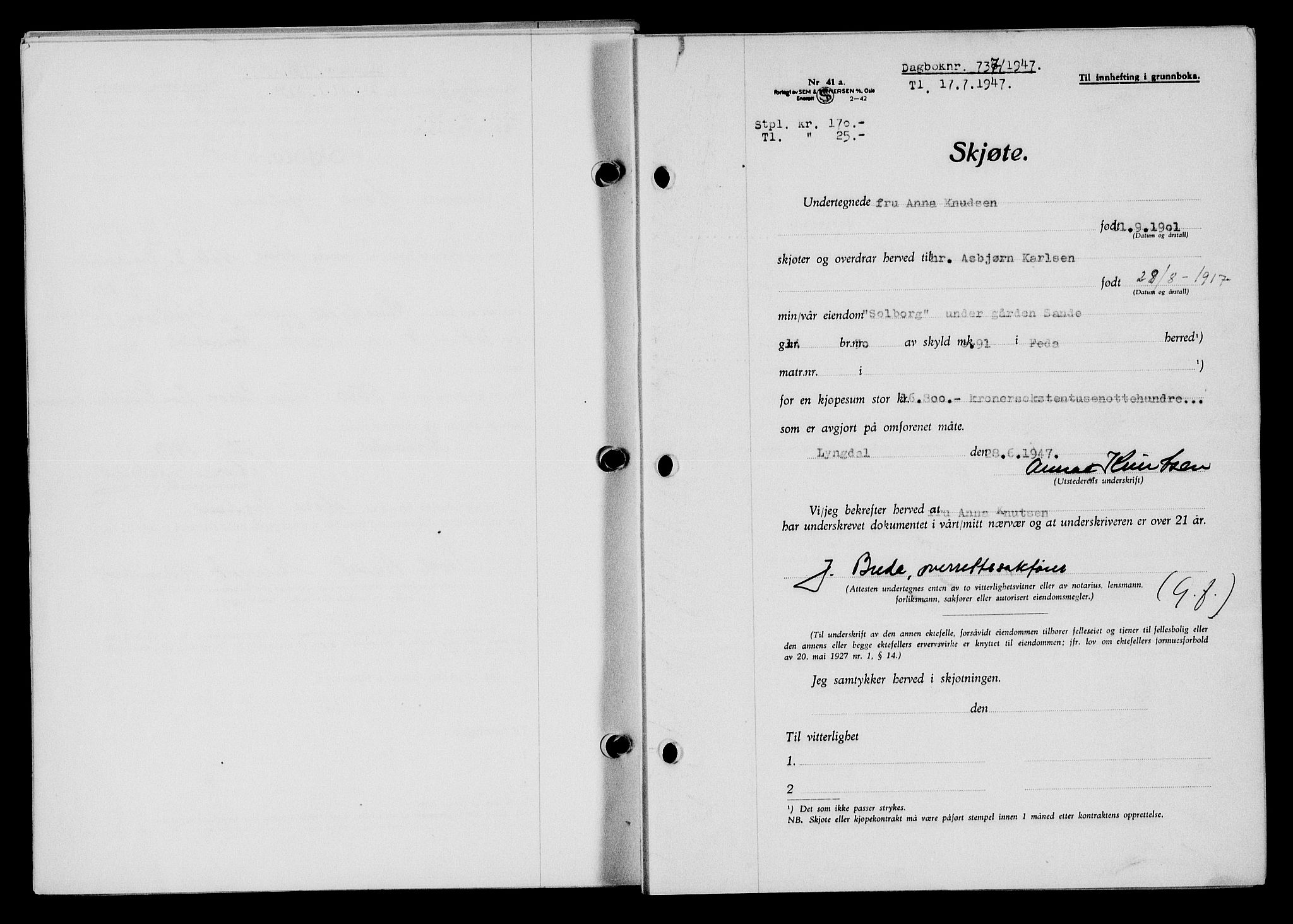 Flekkefjord sorenskriveri, SAK/1221-0001/G/Gb/Gba/L0062: Mortgage book no. A-10, 1947-1947, Diary no: : 737/1947