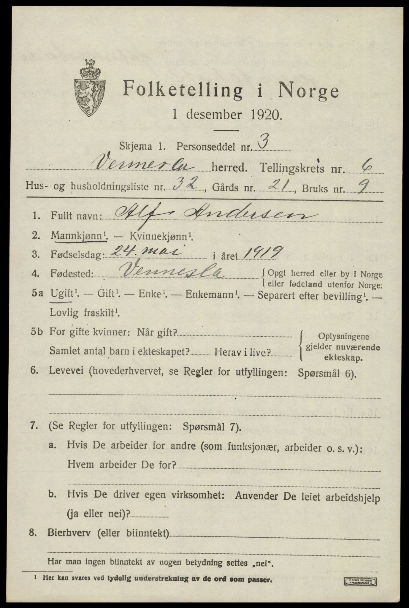 SAK, 1920 census for Vennesla, 1920, p. 4722