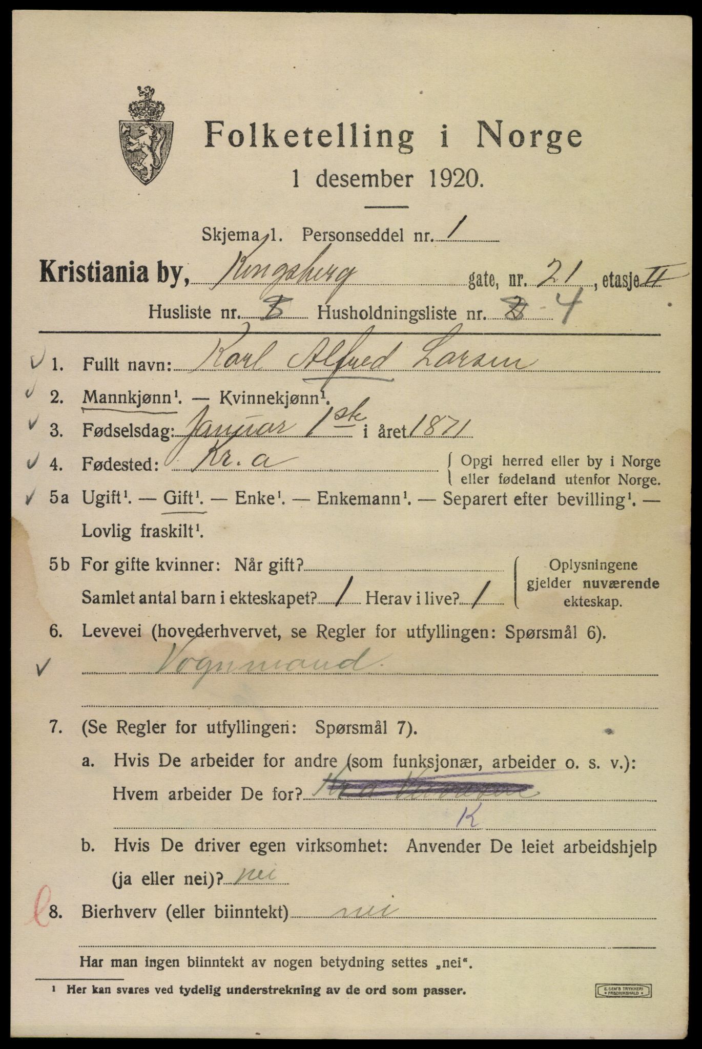 SAO, 1920 census for Kristiania, 1920, p. 348001