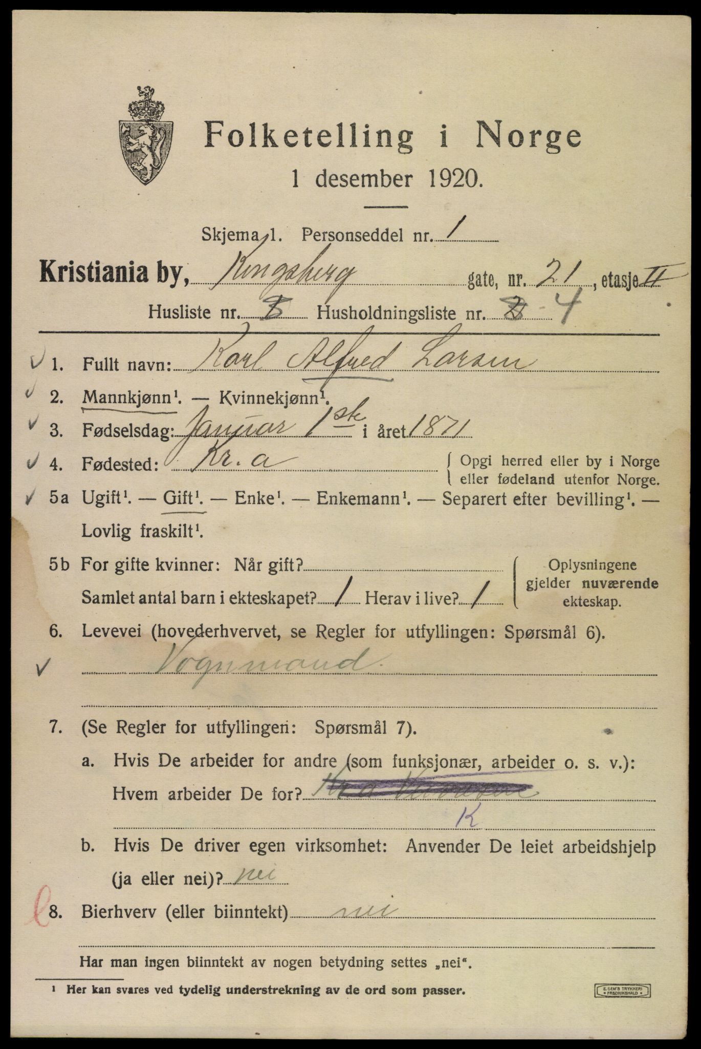 SAO, 1920 census for Kristiania, 1920, p. 348001