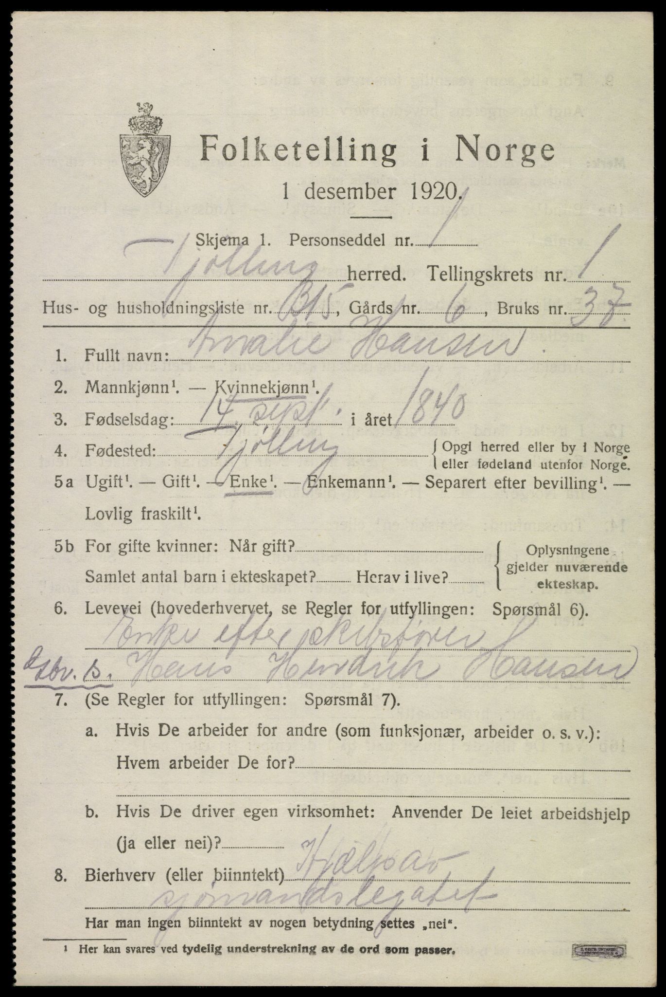 SAKO, 1920 census for Tjølling, 1920, p. 5153