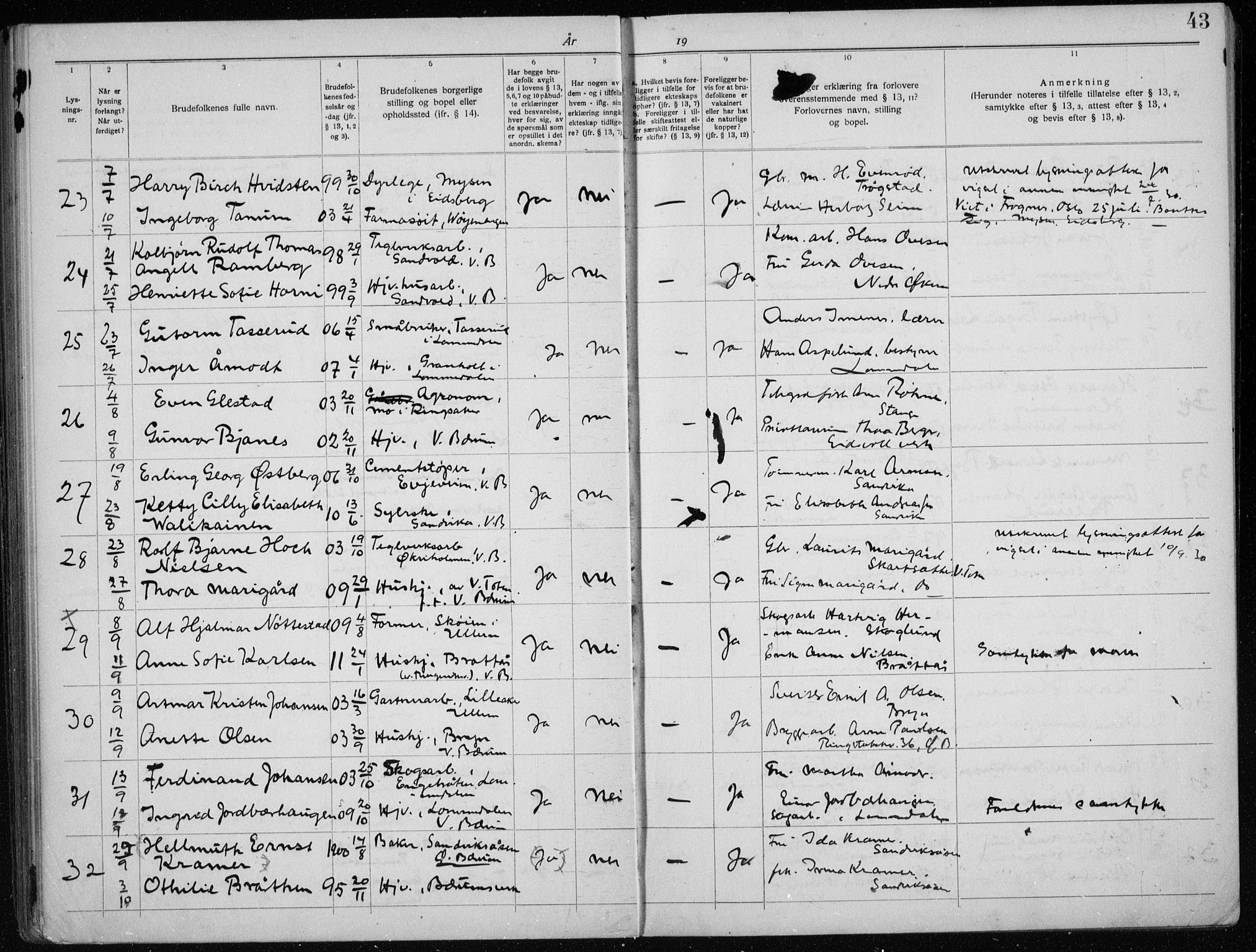 Vestre Bærum prestekontor Kirkebøker, SAO/A-10209a/H/L0001: Banns register no. 1, 1919-1941, p. 43