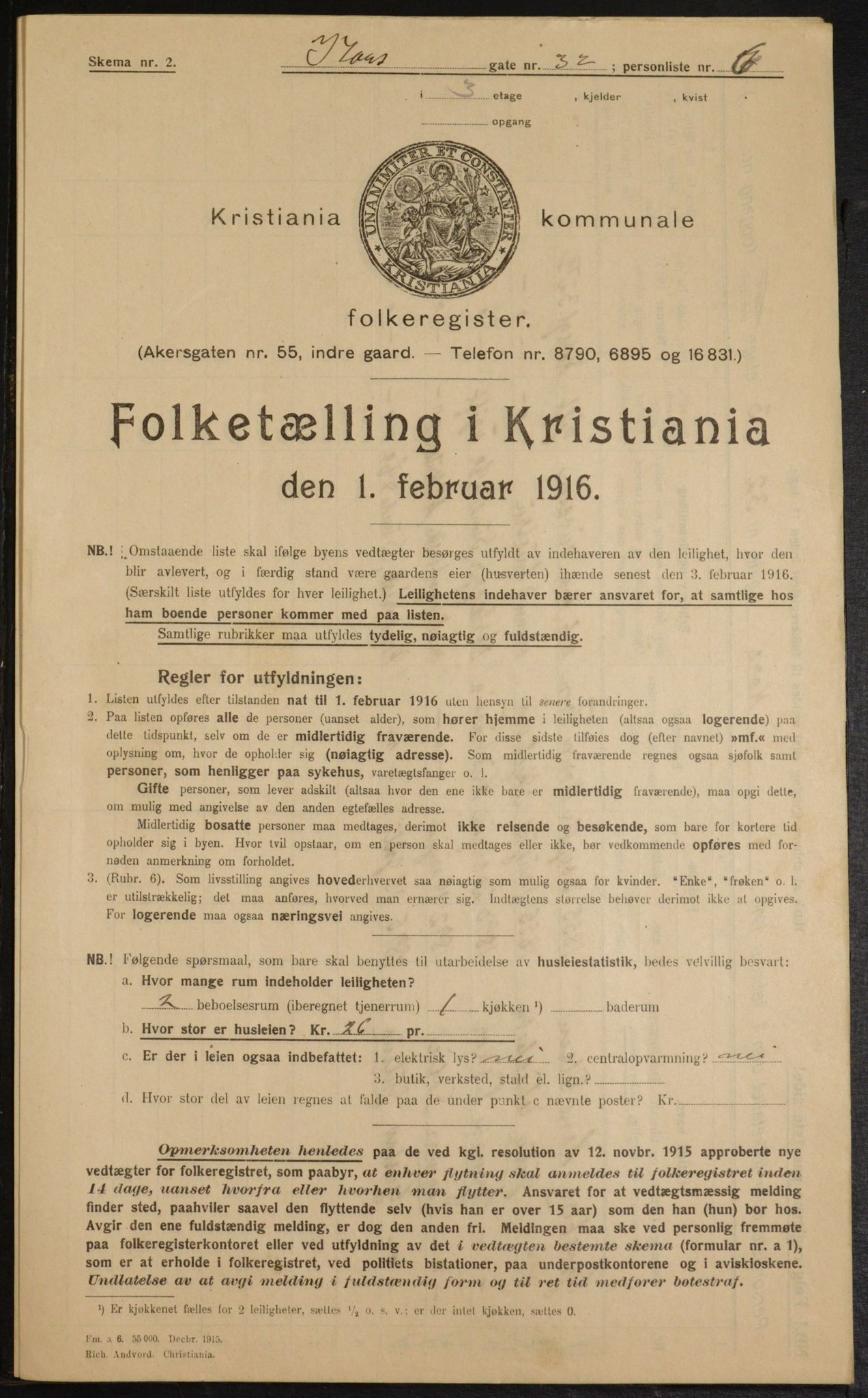 OBA, Municipal Census 1916 for Kristiania, 1916, p. 55036