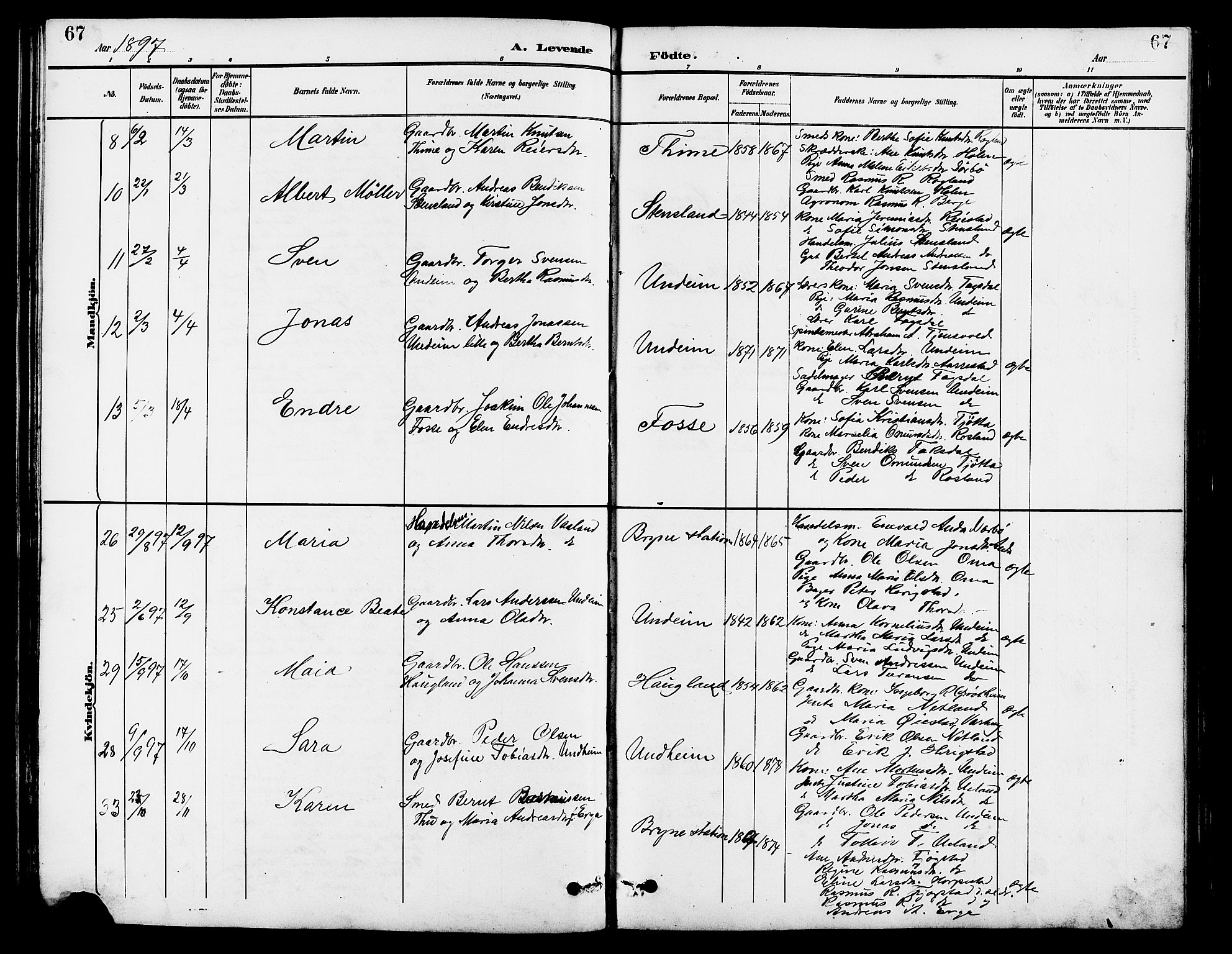 Lye sokneprestkontor, AV/SAST-A-101794/001/30BB/L0007: Parish register (copy) no. B 8, 1889-1909, p. 67