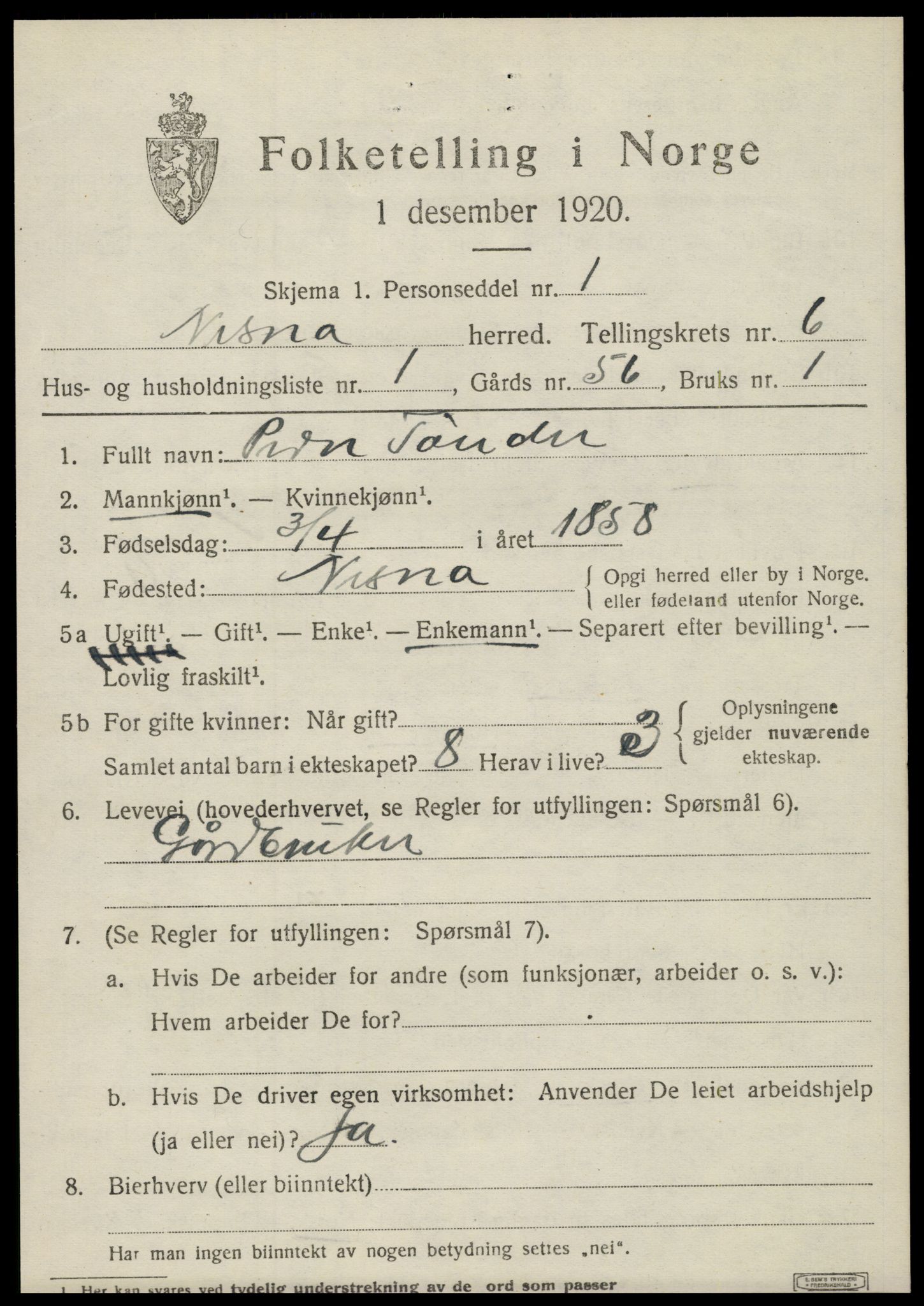 SAT, 1920 census for Nesna, 1920, p. 4565