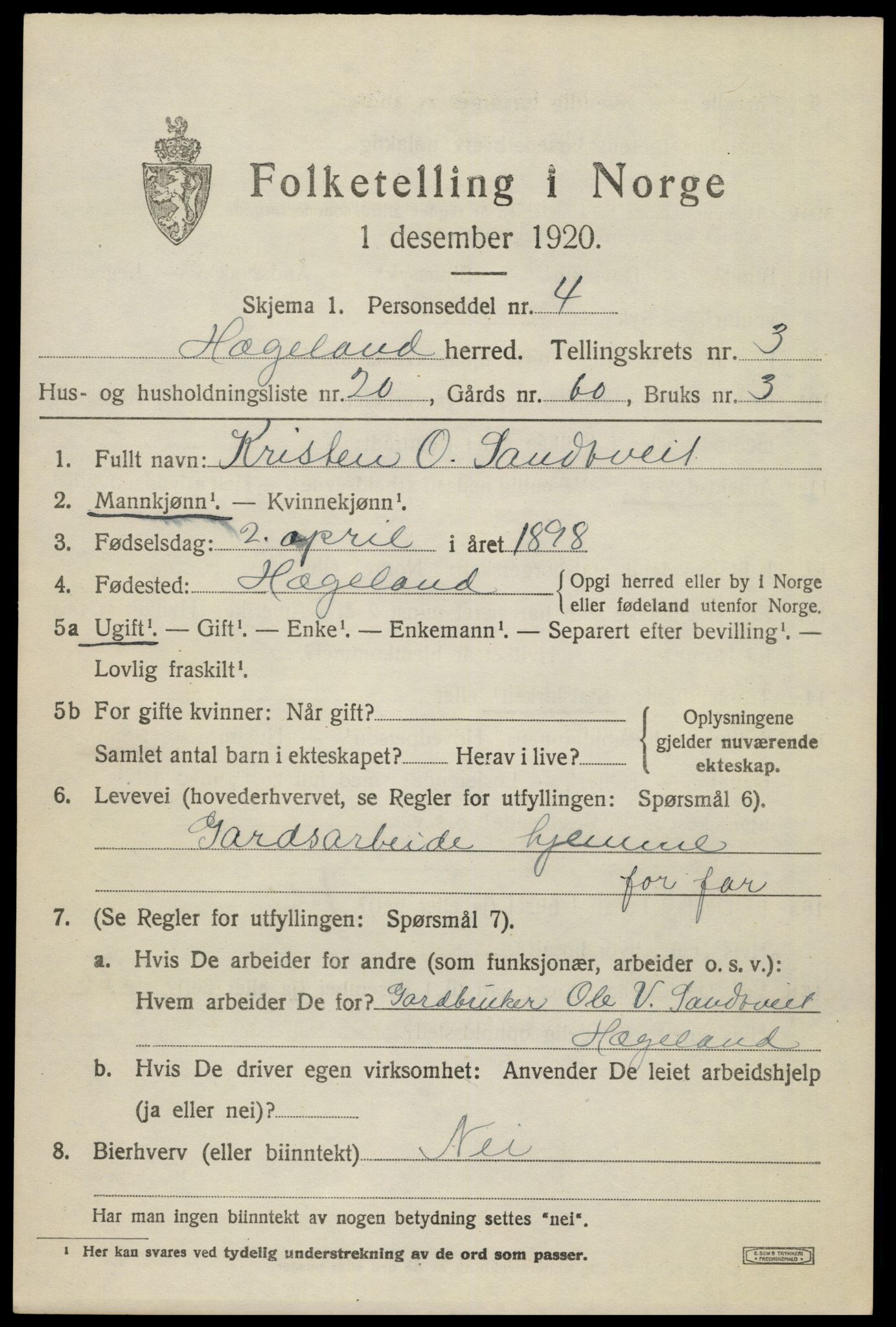 SAK, 1920 census for Hægeland, 1920, p. 1231