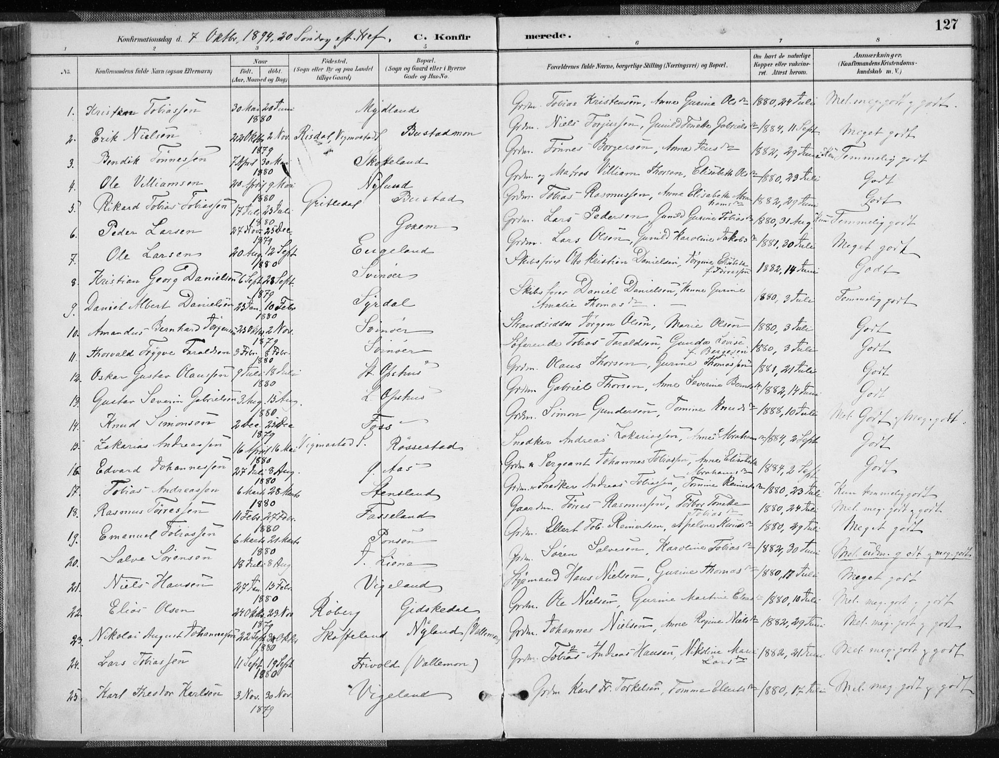 Sør-Audnedal sokneprestkontor, AV/SAK-1111-0039/F/Fa/Fab/L0010: Parish register (official) no. A 10, 1892-1913, p. 127