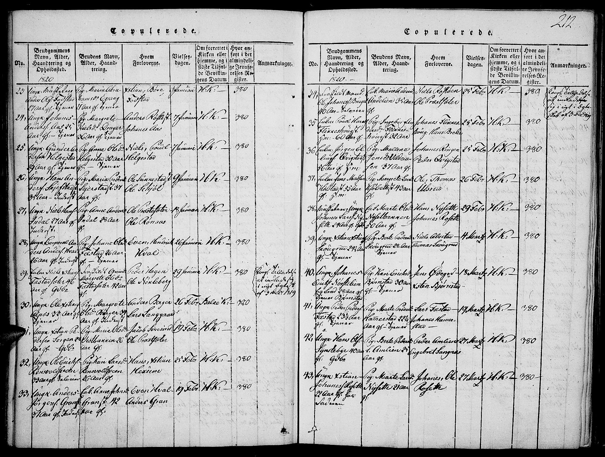 Toten prestekontor, SAH/PREST-102/H/Ha/Haa/L0009: Parish register (official) no. 9, 1814-1820, p. 212