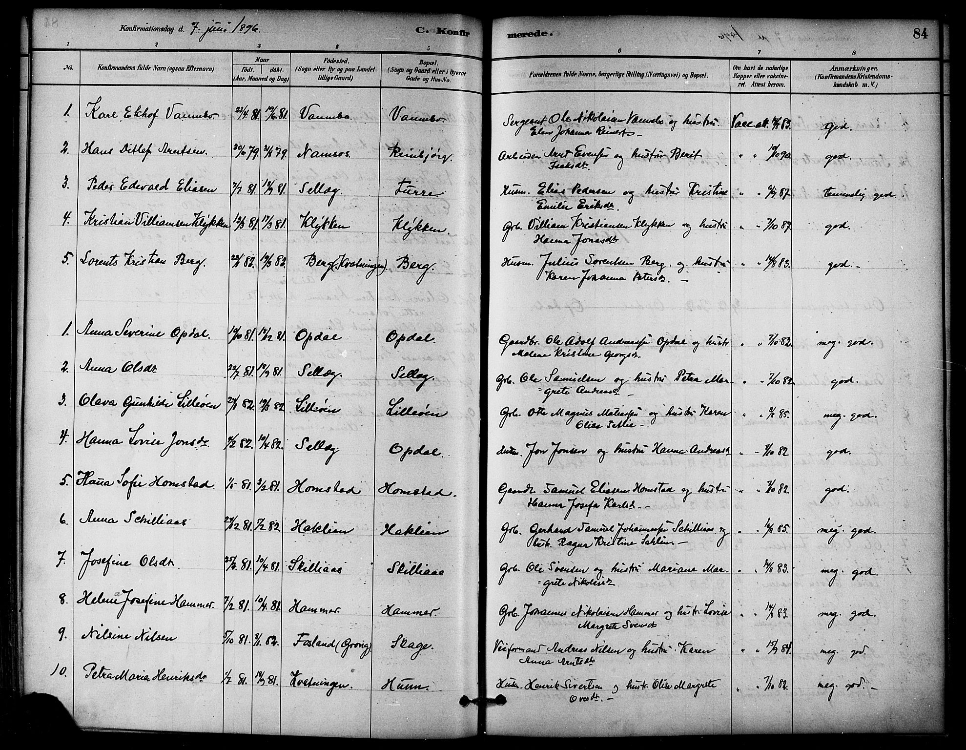 Ministerialprotokoller, klokkerbøker og fødselsregistre - Nord-Trøndelag, AV/SAT-A-1458/766/L0563: Parish register (official) no. 767A01, 1881-1899, p. 84