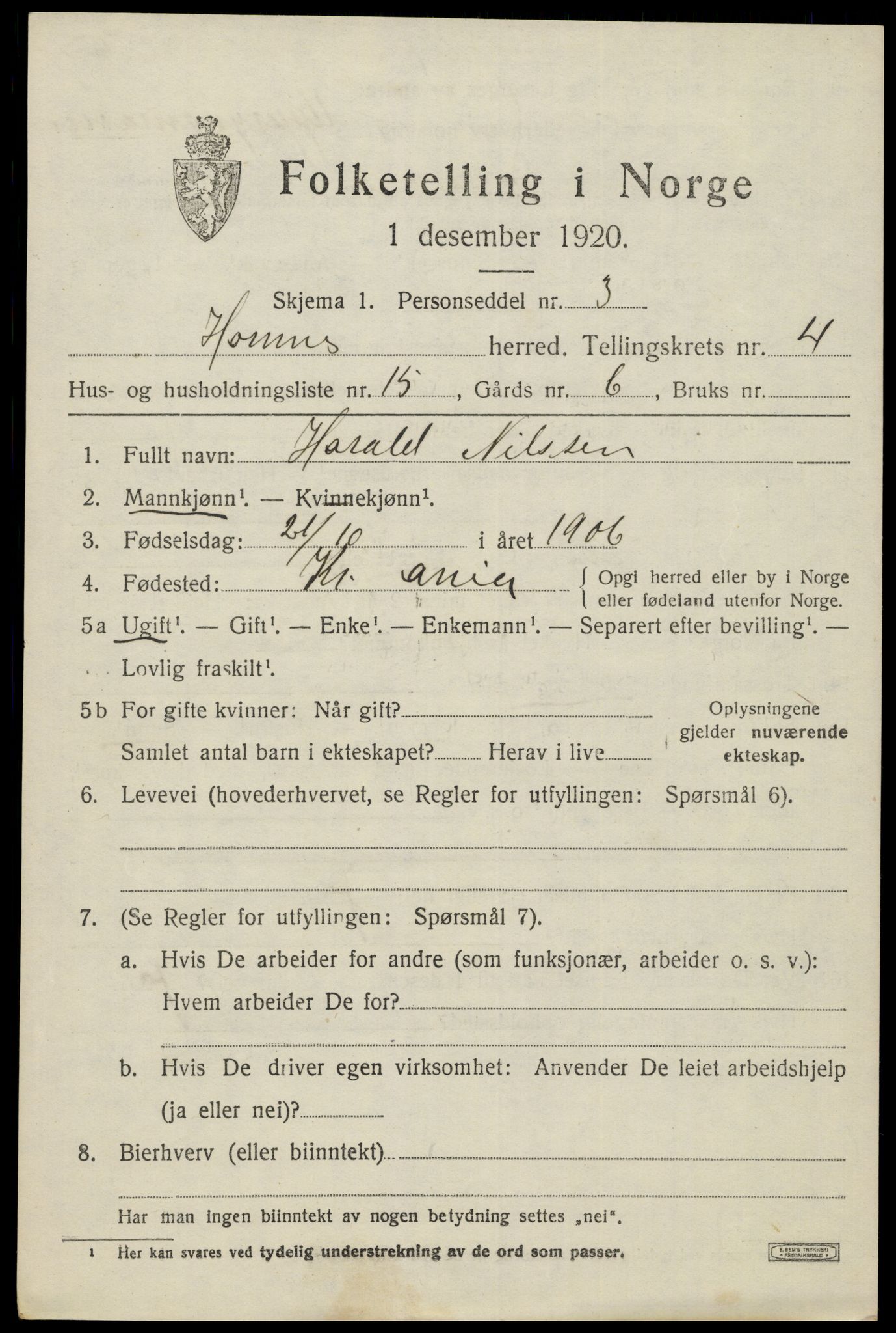 SAK, 1920 census for Hornnes, 1920, p. 1329