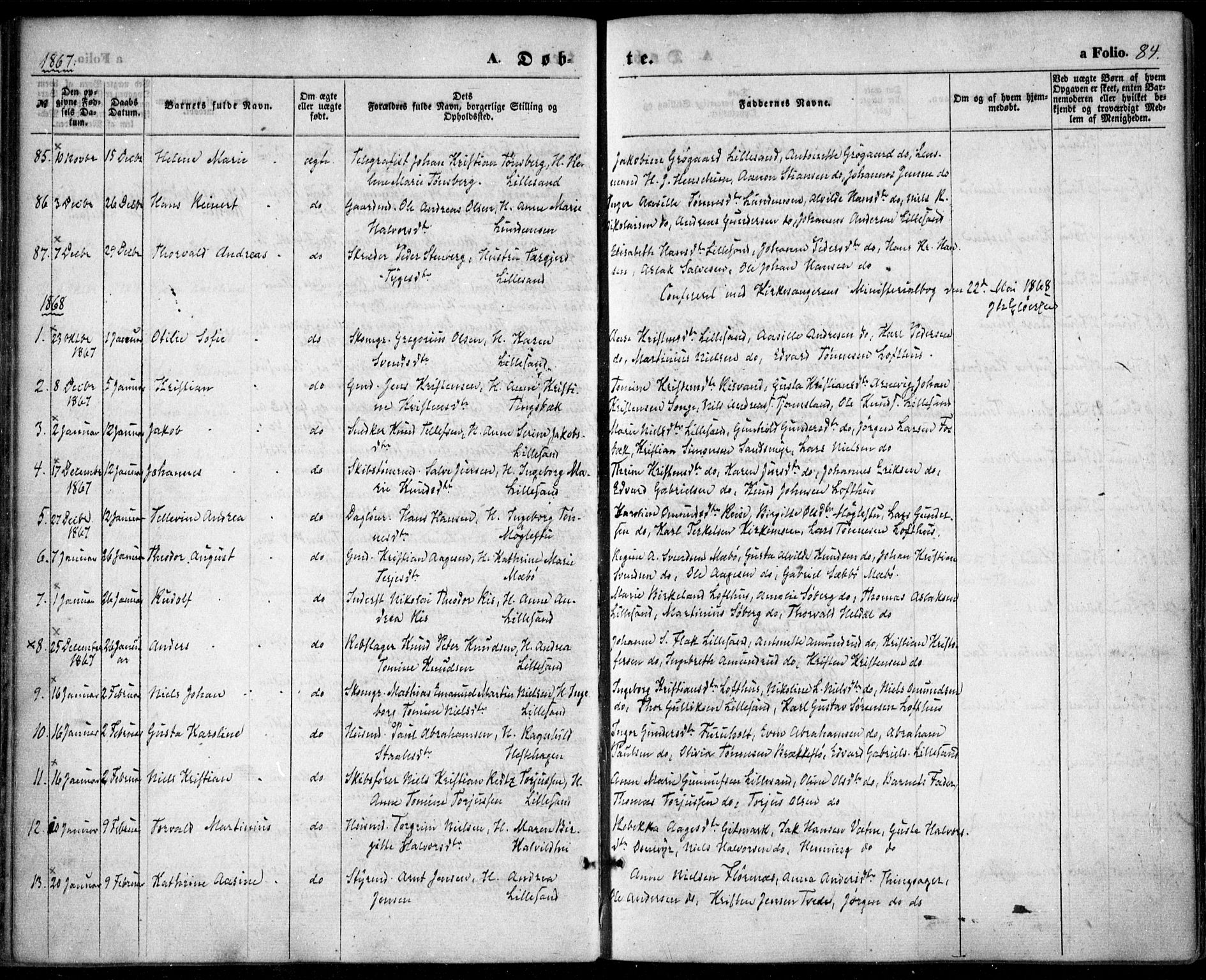 Vestre Moland sokneprestkontor, SAK/1111-0046/F/Fa/Fab/L0007: Parish register (official) no. A 7, 1859-1872, p. 84