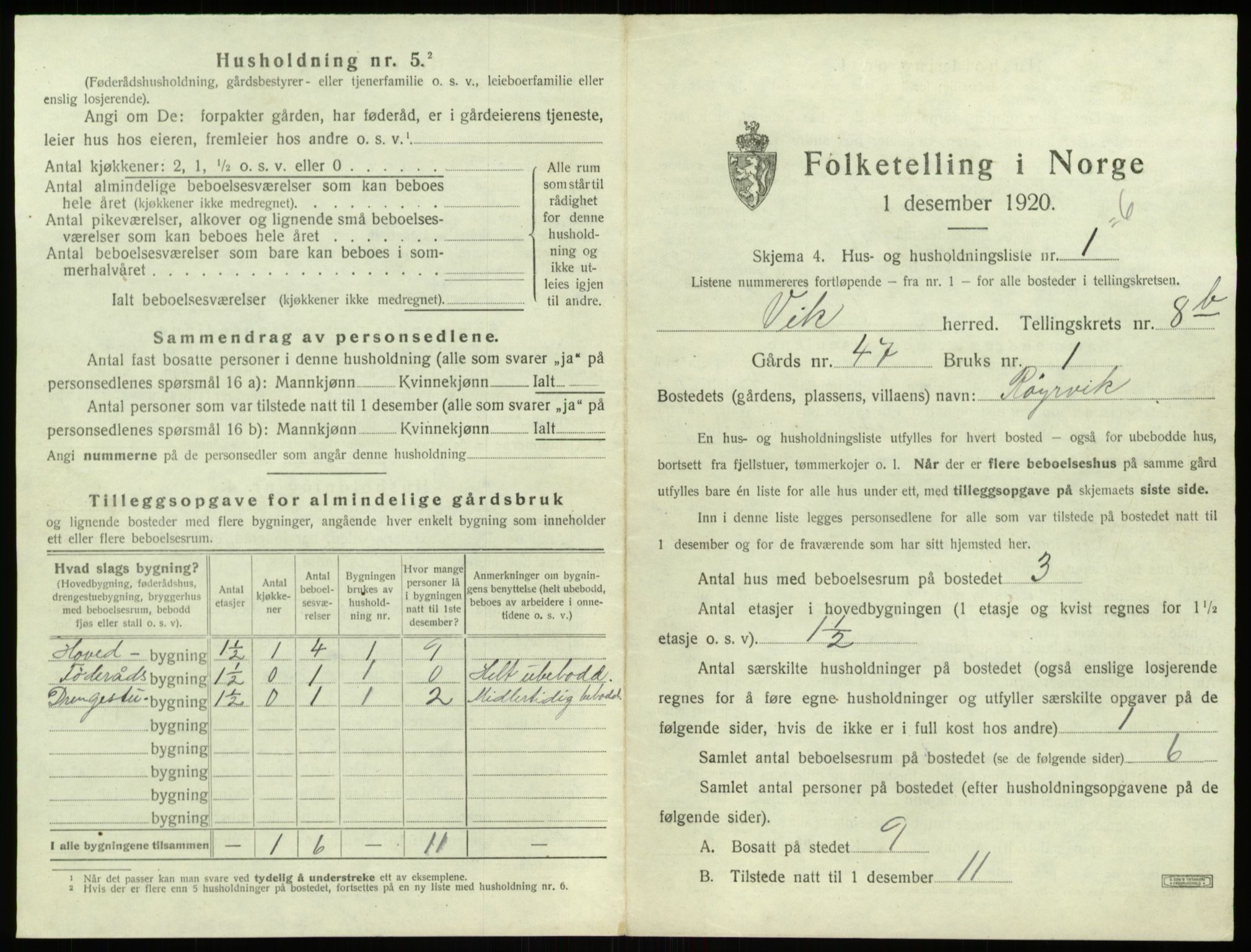 SAB, 1920 census for Vik, 1920, p. 891