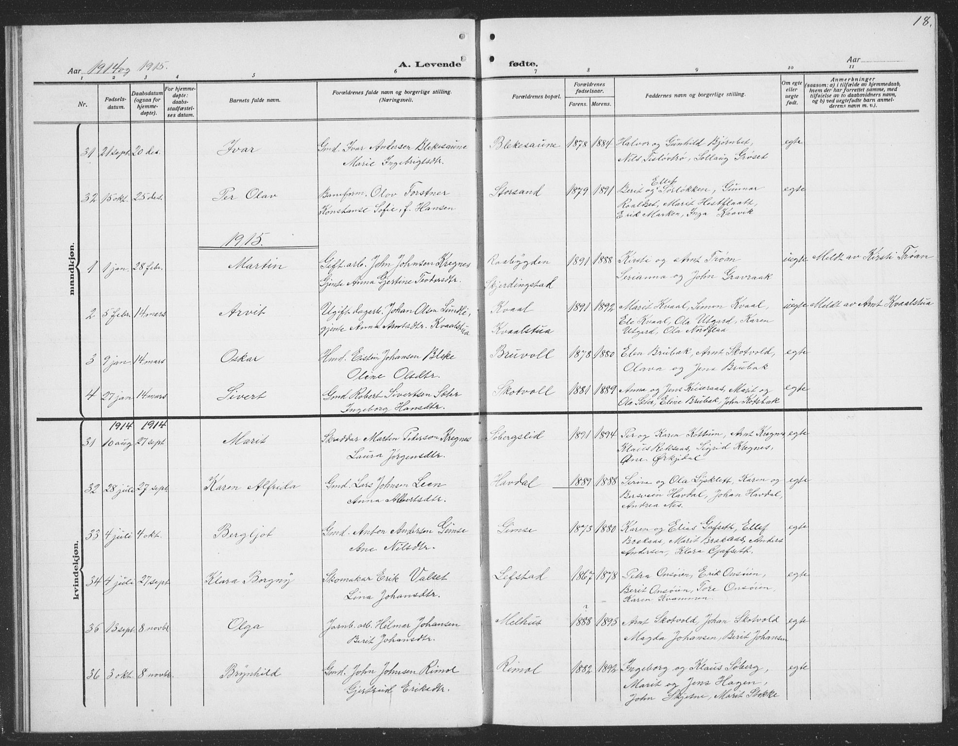 Ministerialprotokoller, klokkerbøker og fødselsregistre - Sør-Trøndelag, SAT/A-1456/691/L1095: Parish register (copy) no. 691C06, 1912-1933, p. 18