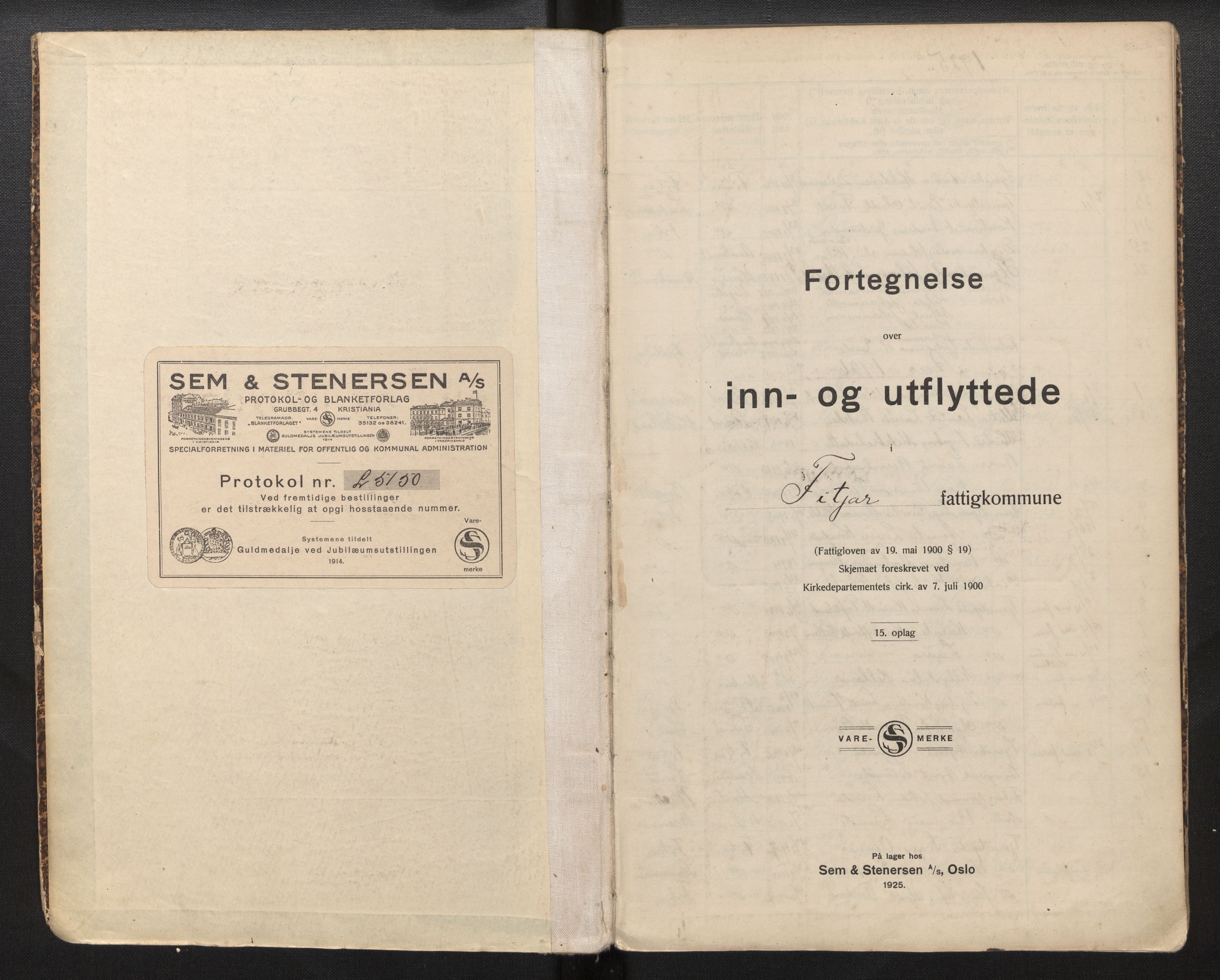 Lensmannen i Fitjar, SAB/A-32001/0020/L0002: Protokoll over inn- og utflytte, 1925-1943