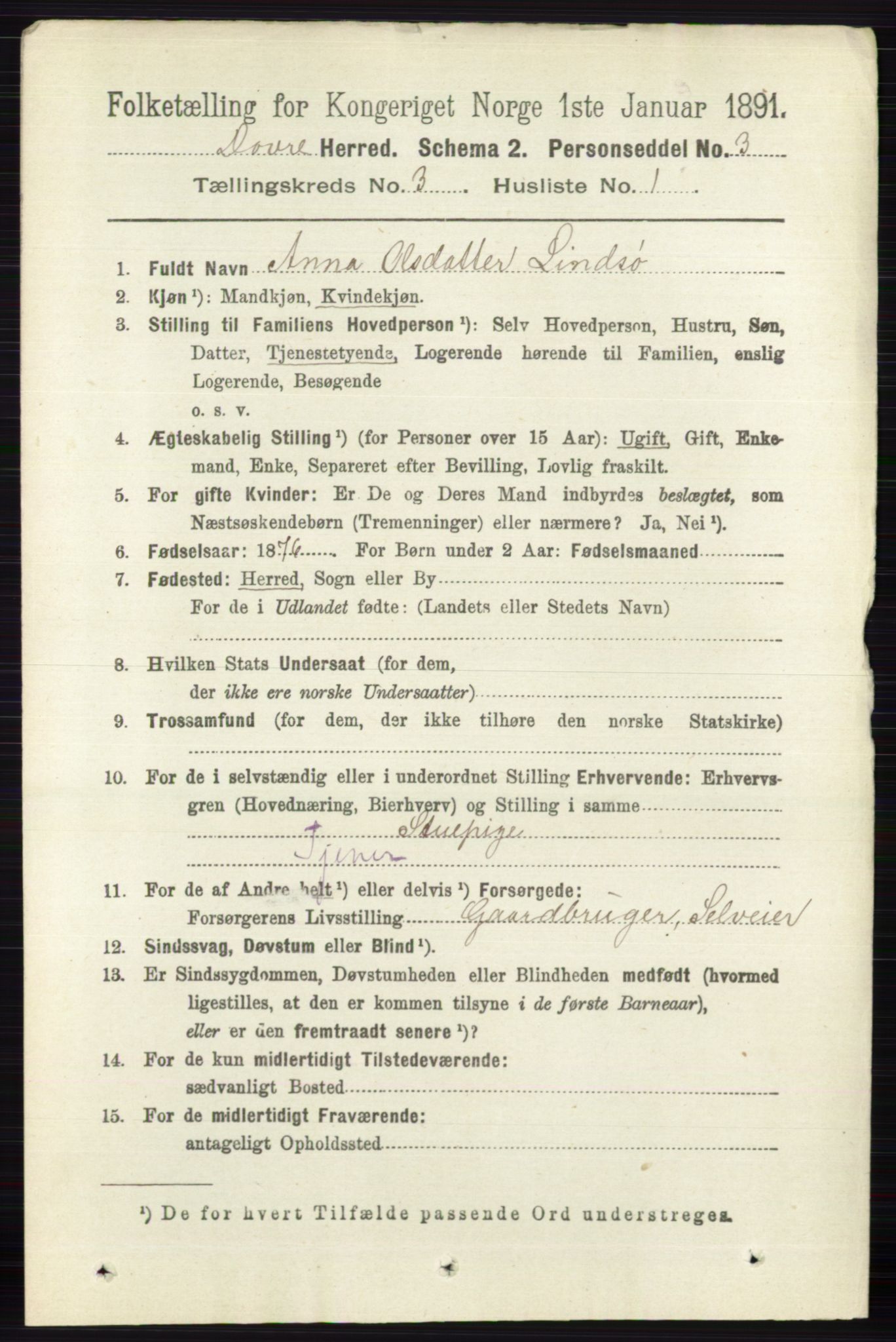 RA, 1891 census for 0511 Dovre, 1891, p. 1398