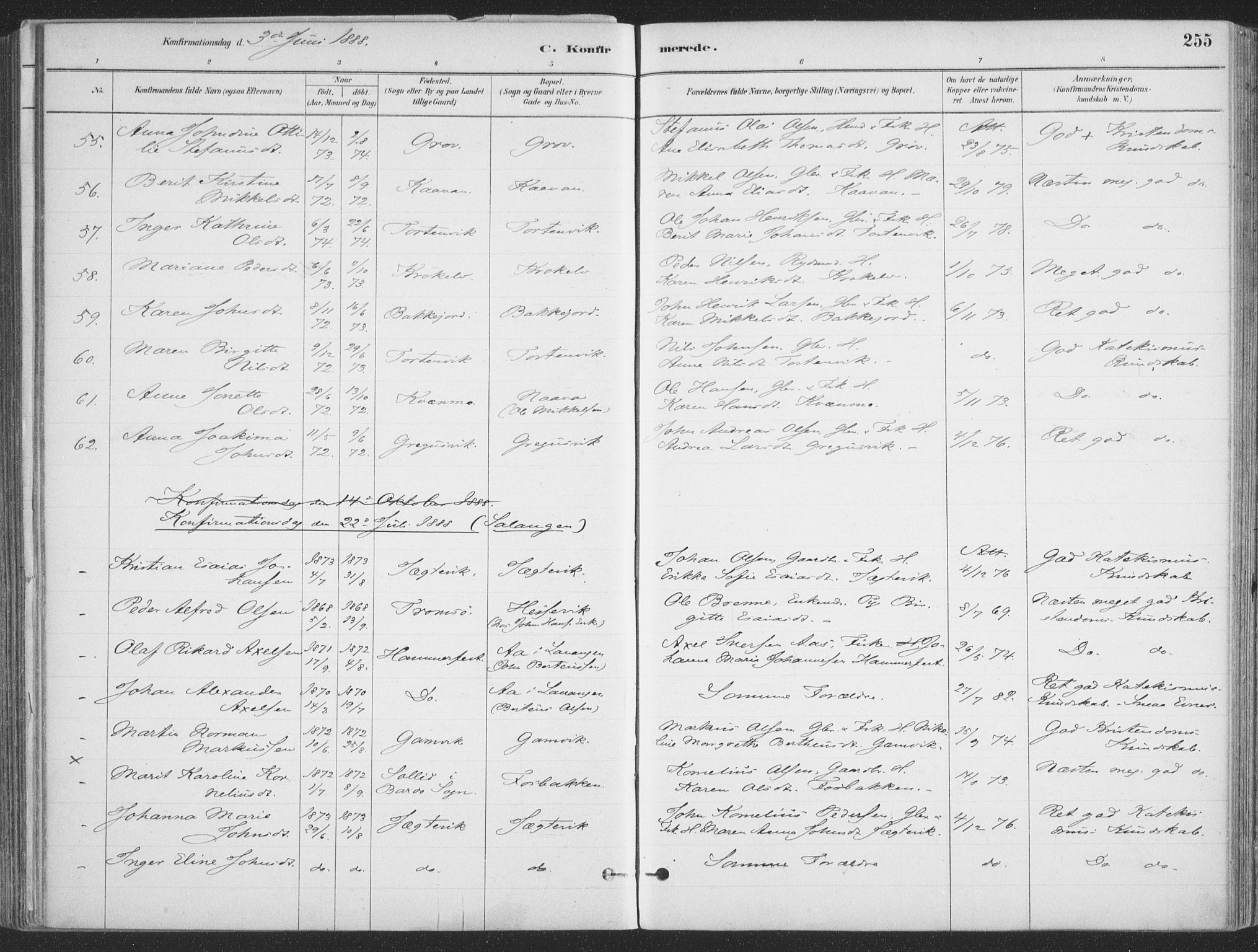 Ibestad sokneprestembete, AV/SATØ-S-0077/H/Ha/Haa/L0011kirke: Parish register (official) no. 11, 1880-1889, p. 255