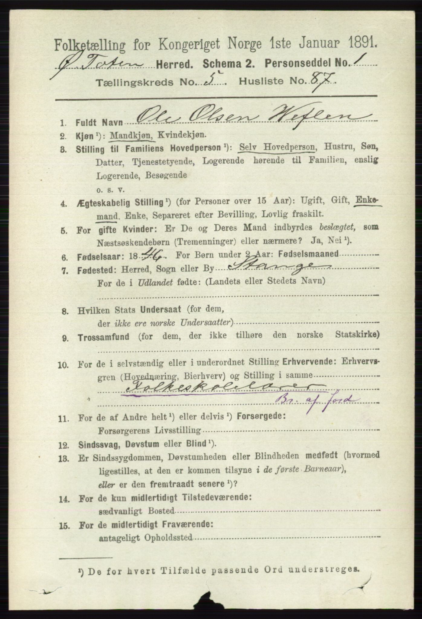 RA, 1891 census for 0528 Østre Toten, 1891, p. 3666