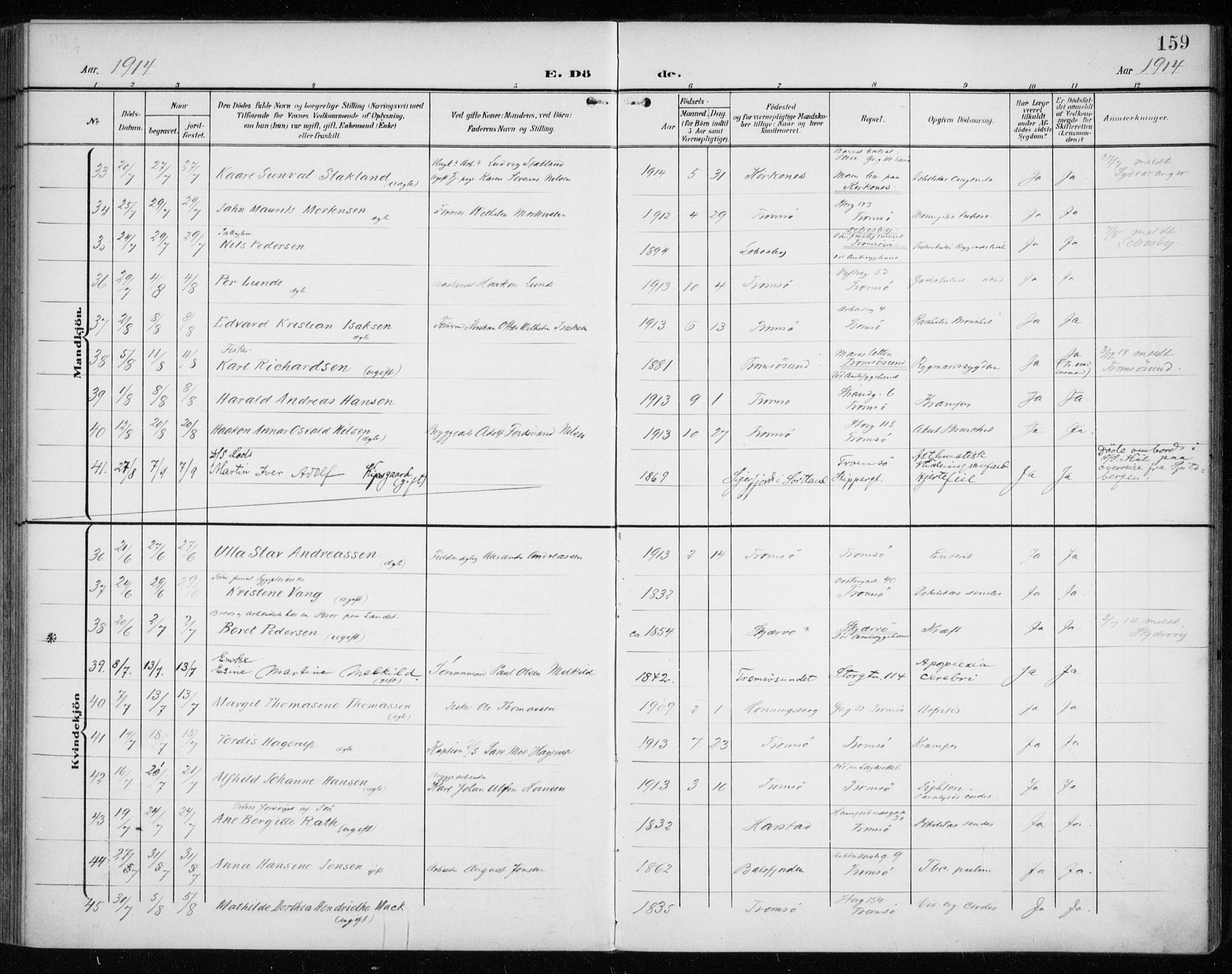 Tromsø sokneprestkontor/stiftsprosti/domprosti, AV/SATØ-S-1343/G/Ga/L0018kirke: Parish register (official) no. 18, 1907-1917, p. 159
