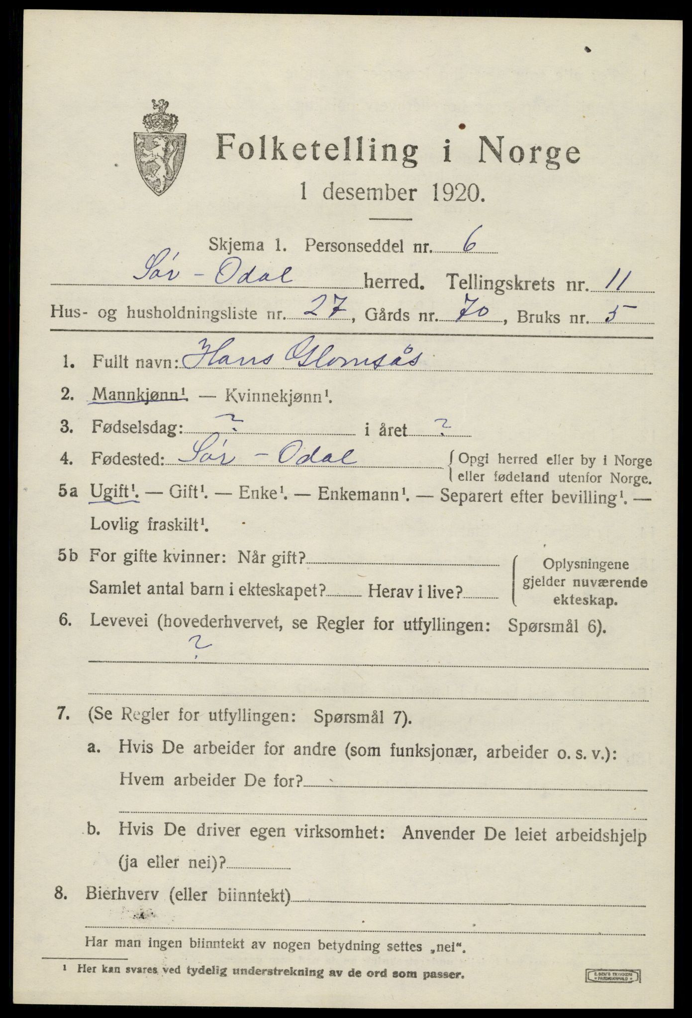 SAH, 1920 census for Sør-Odal, 1920, p. 12123