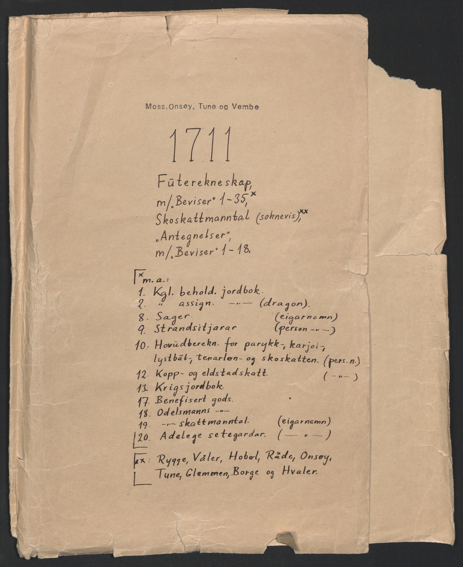 Rentekammeret inntil 1814, Reviderte regnskaper, Fogderegnskap, AV/RA-EA-4092/R04/L0136: Fogderegnskap Moss, Onsøy, Tune, Veme og Åbygge, 1711, p. 2