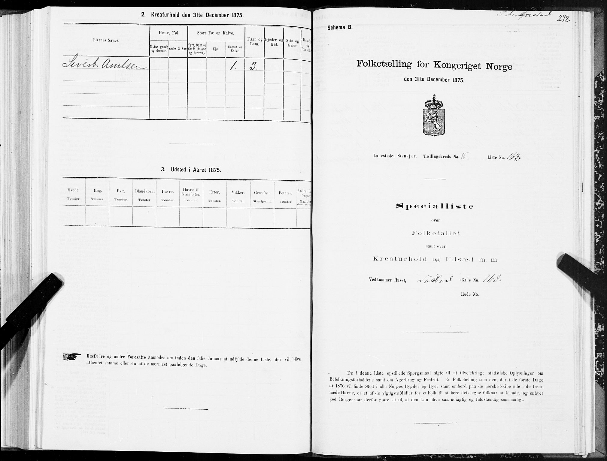 SAT, 1875 census for 1702B Steinkjer/Steinkjer, 1875, p. 298