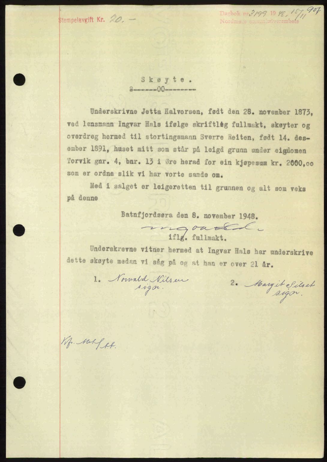 Nordmøre sorenskriveri, AV/SAT-A-4132/1/2/2Ca: Mortgage book no. A109, 1948-1948, Diary no: : 3199/1948