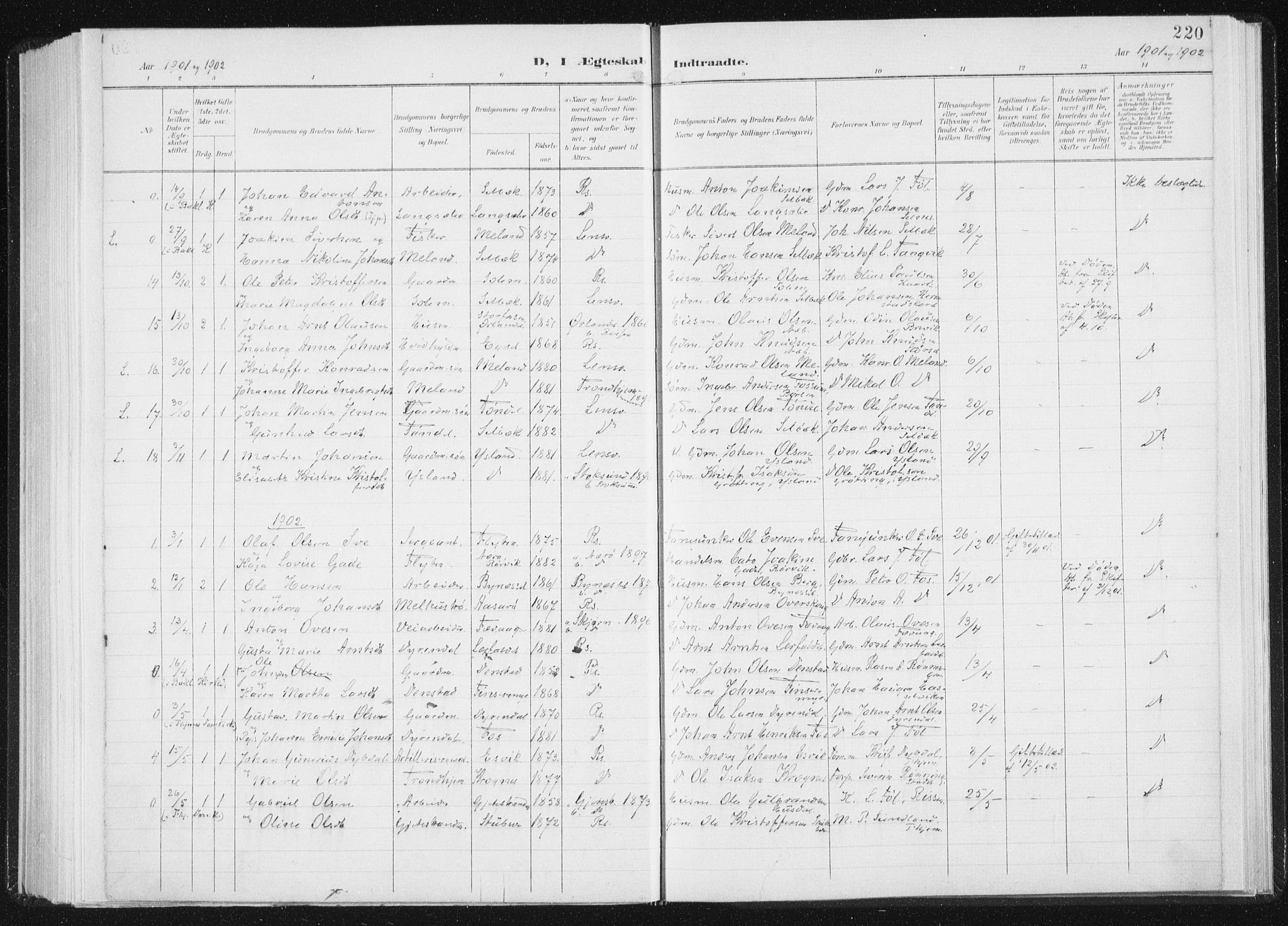 Ministerialprotokoller, klokkerbøker og fødselsregistre - Sør-Trøndelag, SAT/A-1456/647/L0635: Parish register (official) no. 647A02, 1896-1911, p. 220